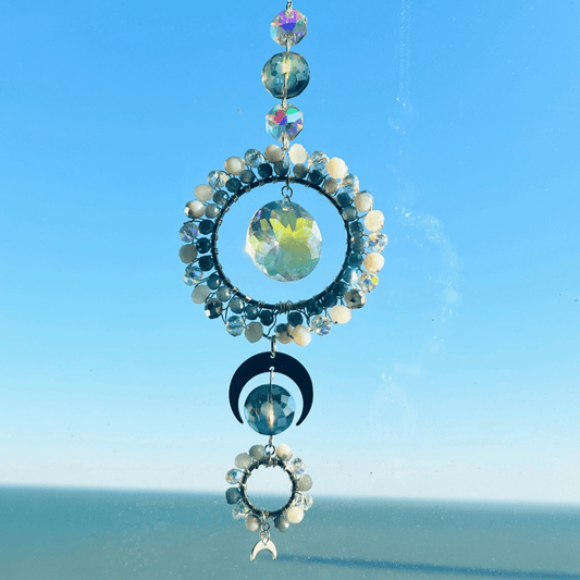 Suncatchers Celestial Moon Drift Suncatcher – White & Blue Beaded Window Decor