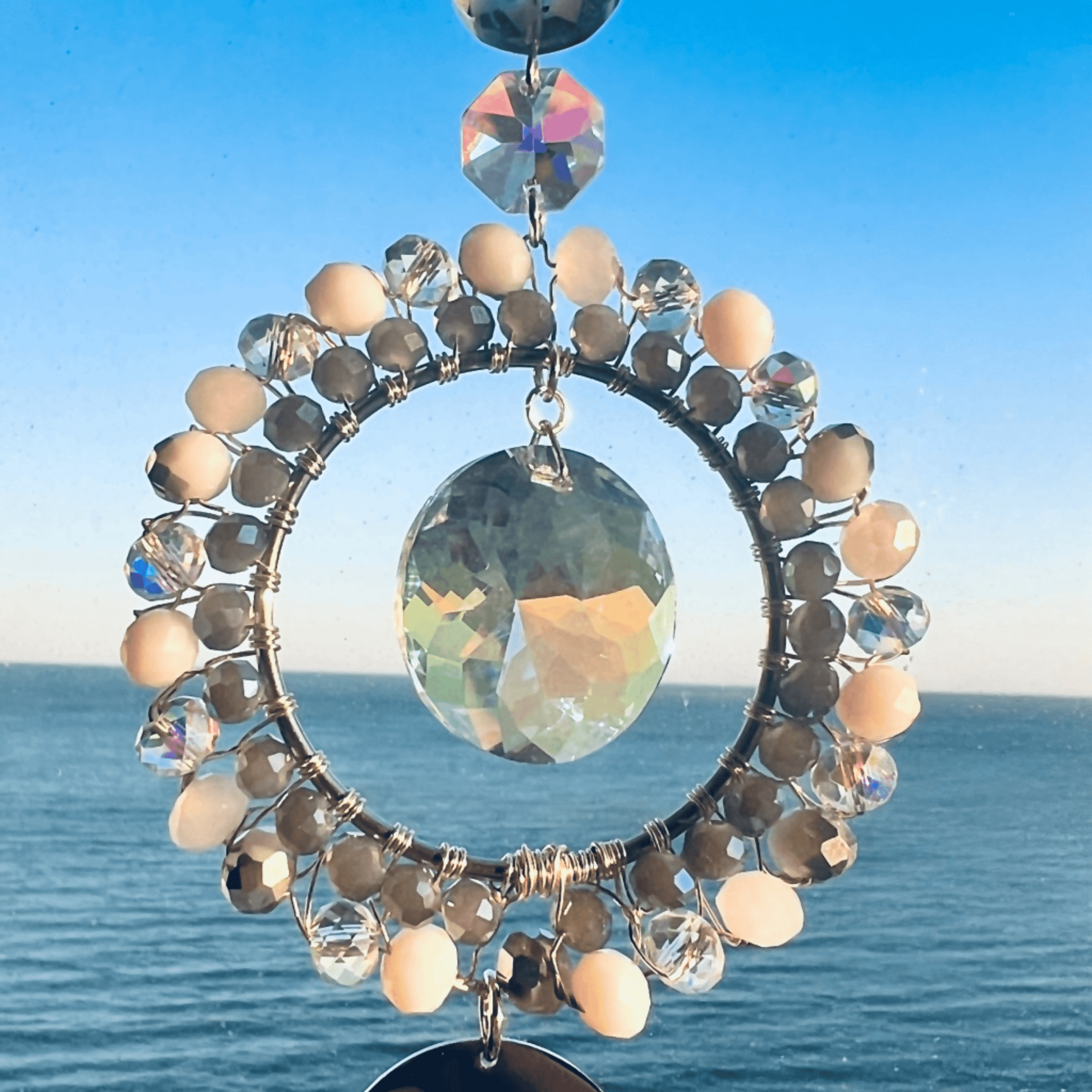 Suncatchers Celestial Moon Drift Suncatcher – White & Blue Beaded Window Decor