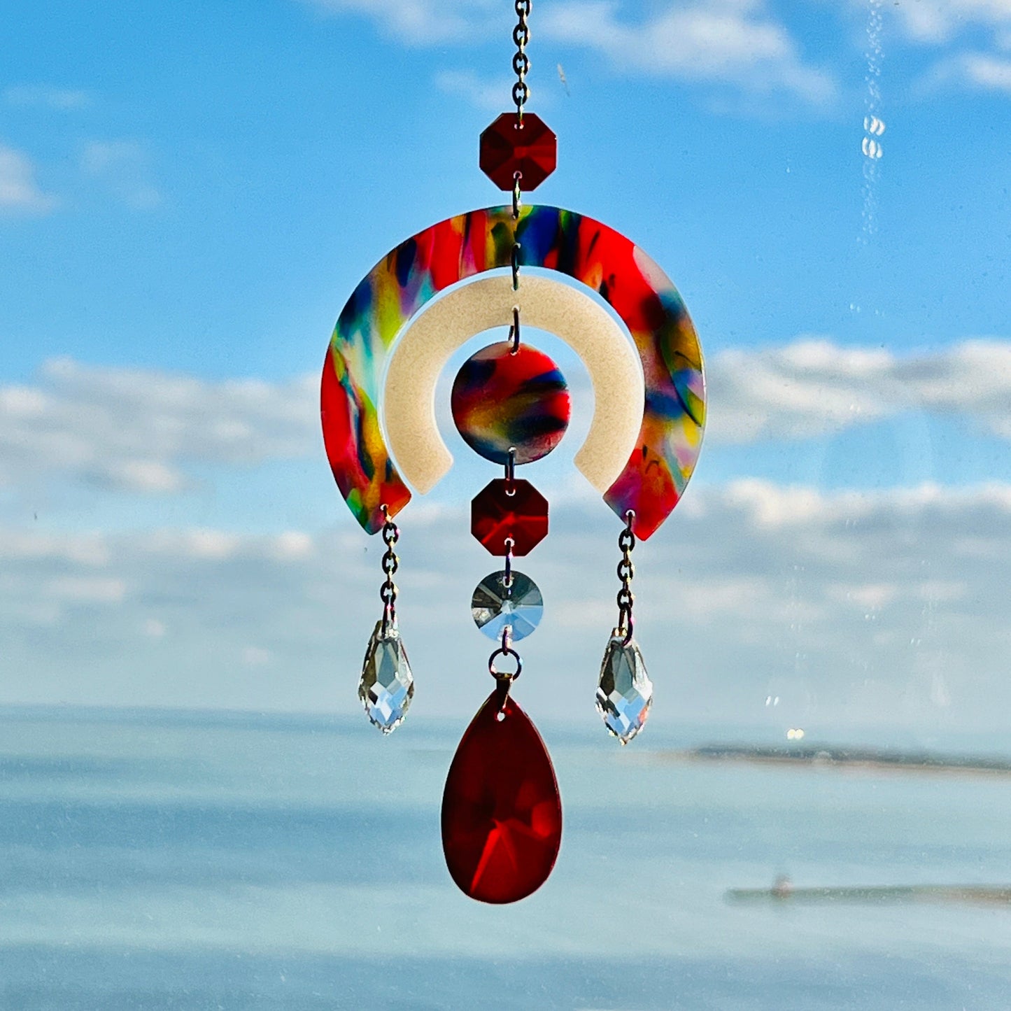 Suncatchers Marbled Watercolors & White Glitter - Red Acccents Circle Cutout Suncatcher