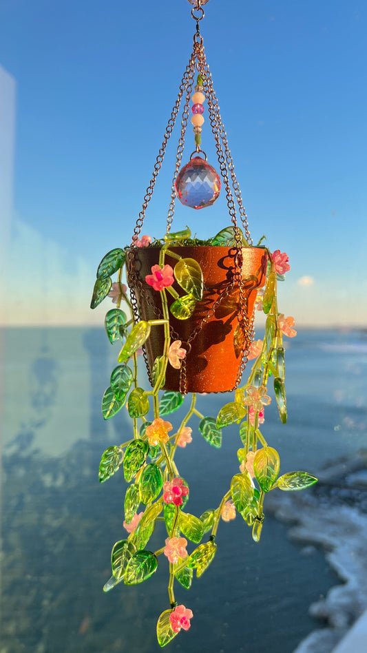 Suncatchers Botanical Blush Floral Leafy Plant Suncatcher with Glass Prisms & Spinner