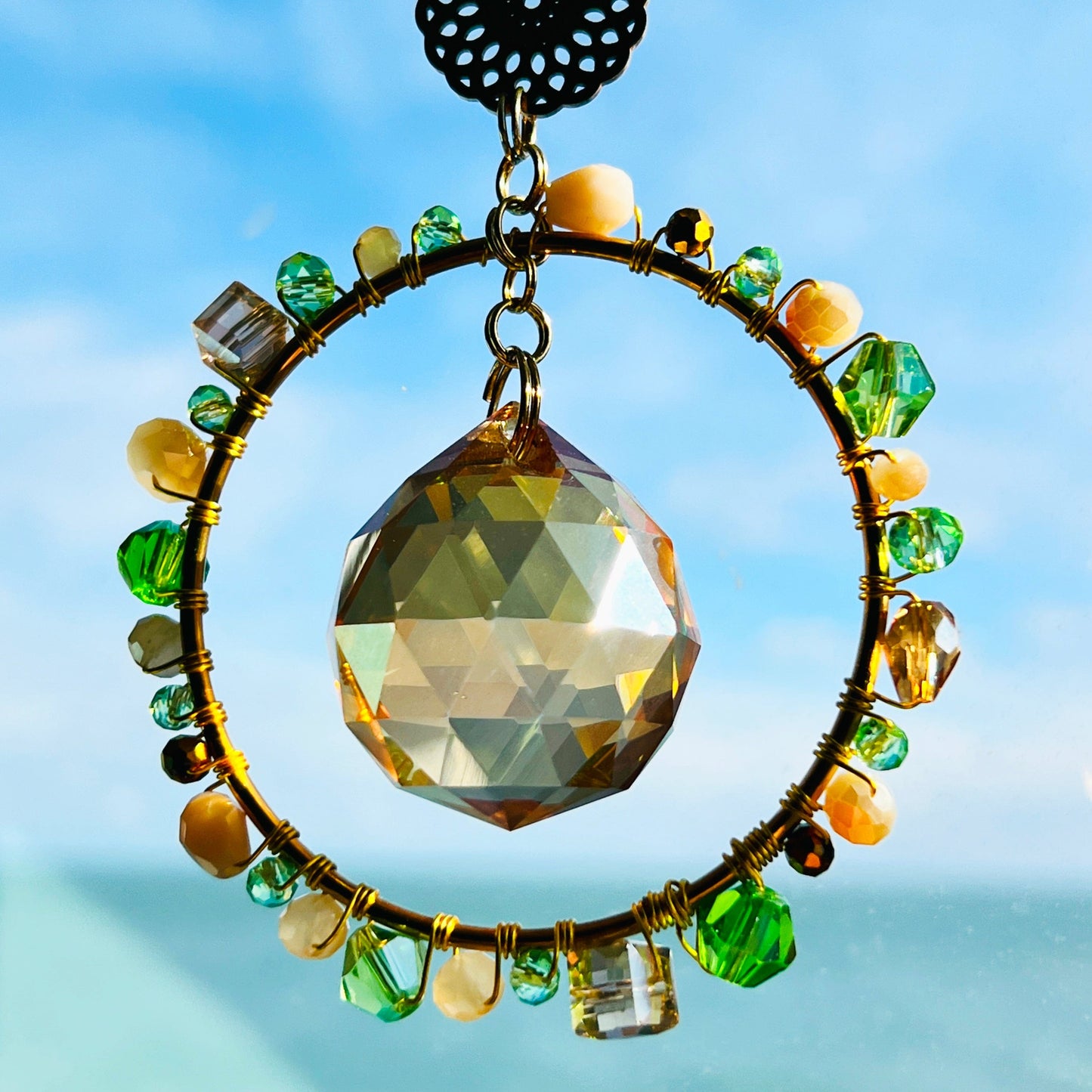 Suncatchers Green & Gold Glass Suncatcher – Handmade Crystal Decor