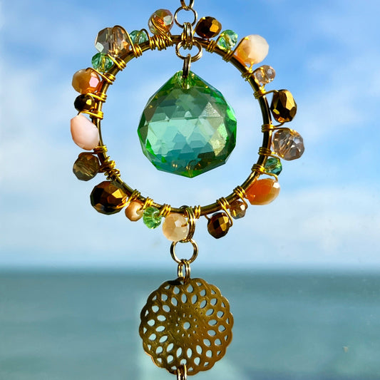 Suncatchers Green & Gold Glass Suncatcher – Handmade Crystal Decor