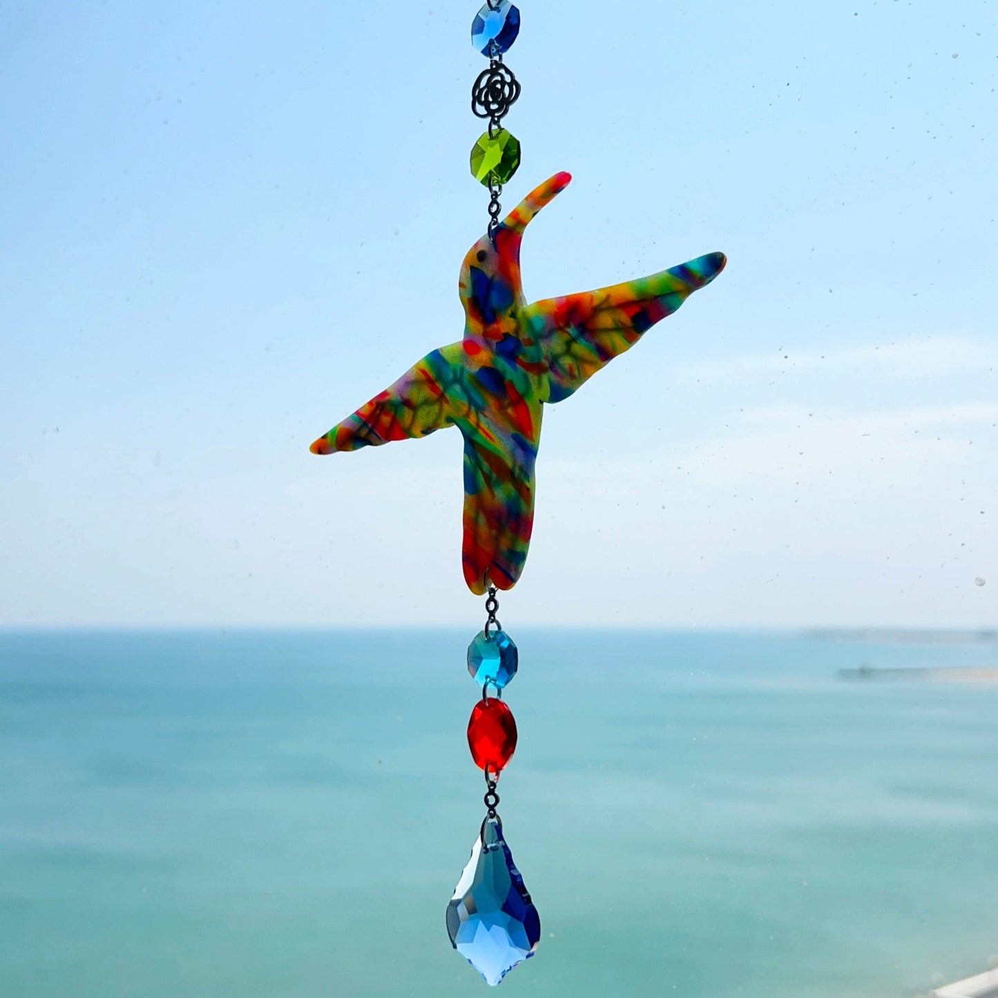 Suncatchers Multicolor | Blue Accents | Steel Chain Hummingbird Suncatcher – Handmade Rainbow Window Decor