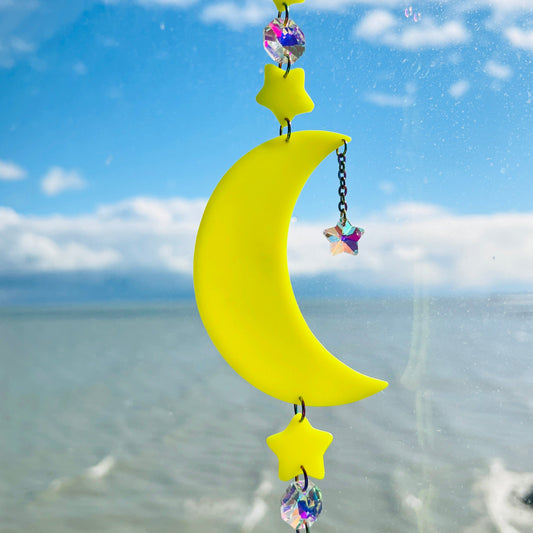 Suncatchers Neon Yellow Moon & Stars Solar Glow Suncatcher