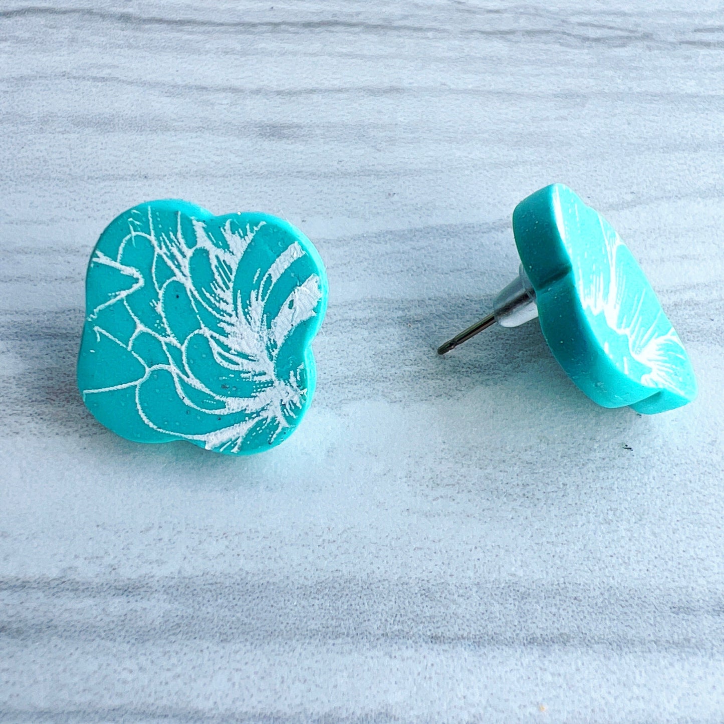 Earring Aqua Scalloped Square Stud Earrings
