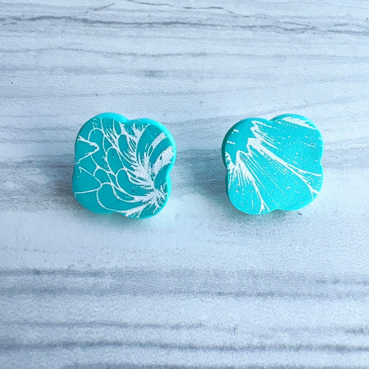 Earring Aqua Scalloped Square Stud Earrings