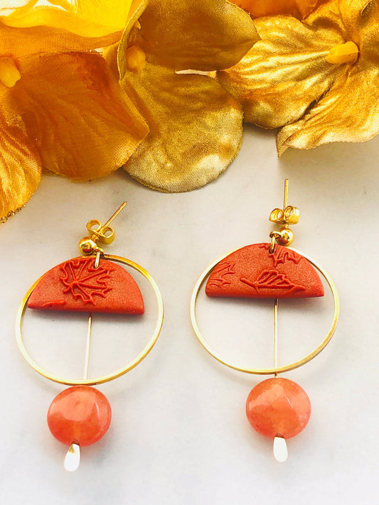 Earrings Aurelia - Orange Leaf Embossed Half Circle, Gold Hoop, Quartzite Bead