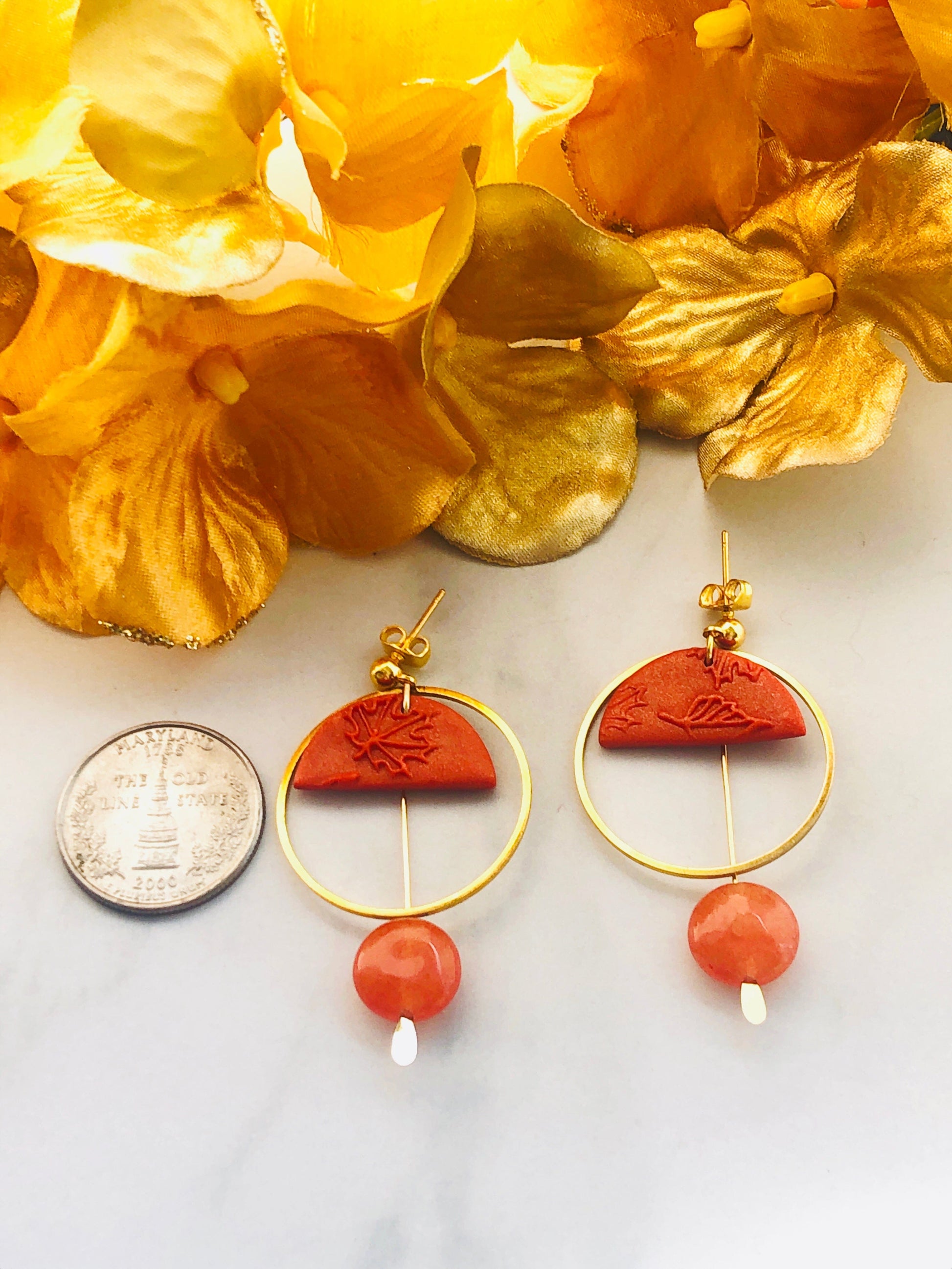 Earrings Aurelia - Orange Leaf Embossed Half Circle, Gold Hoop, Quartzite Bead