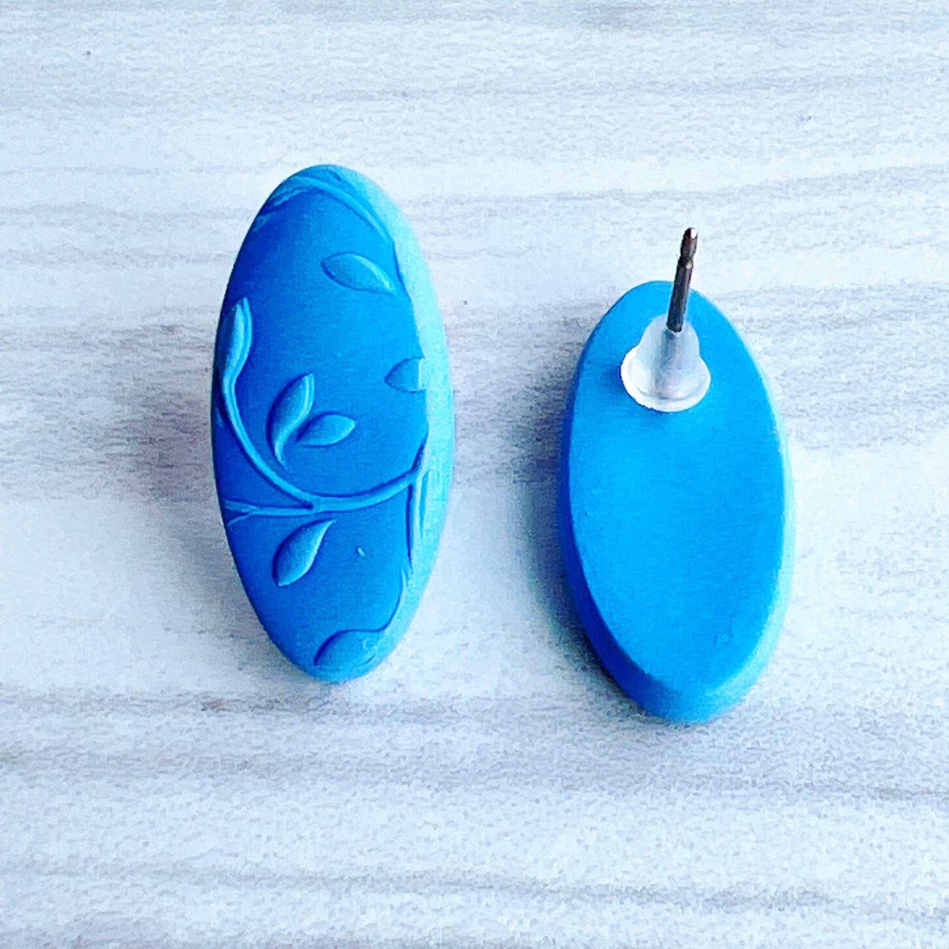 Earrings Blue Oval Floral Embossed Stud Earrings