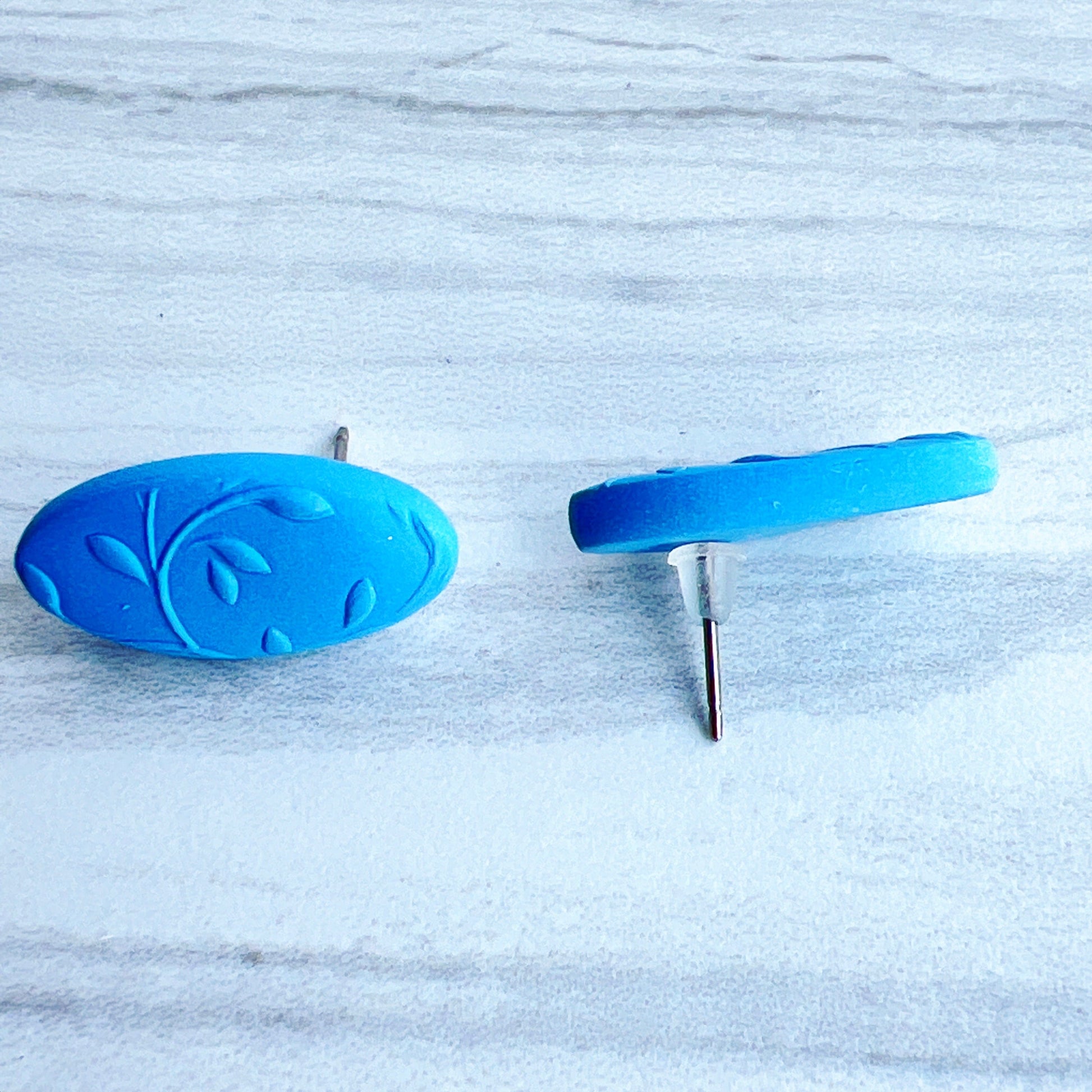 Earrings Blue Oval Floral Embossed Stud Earrings