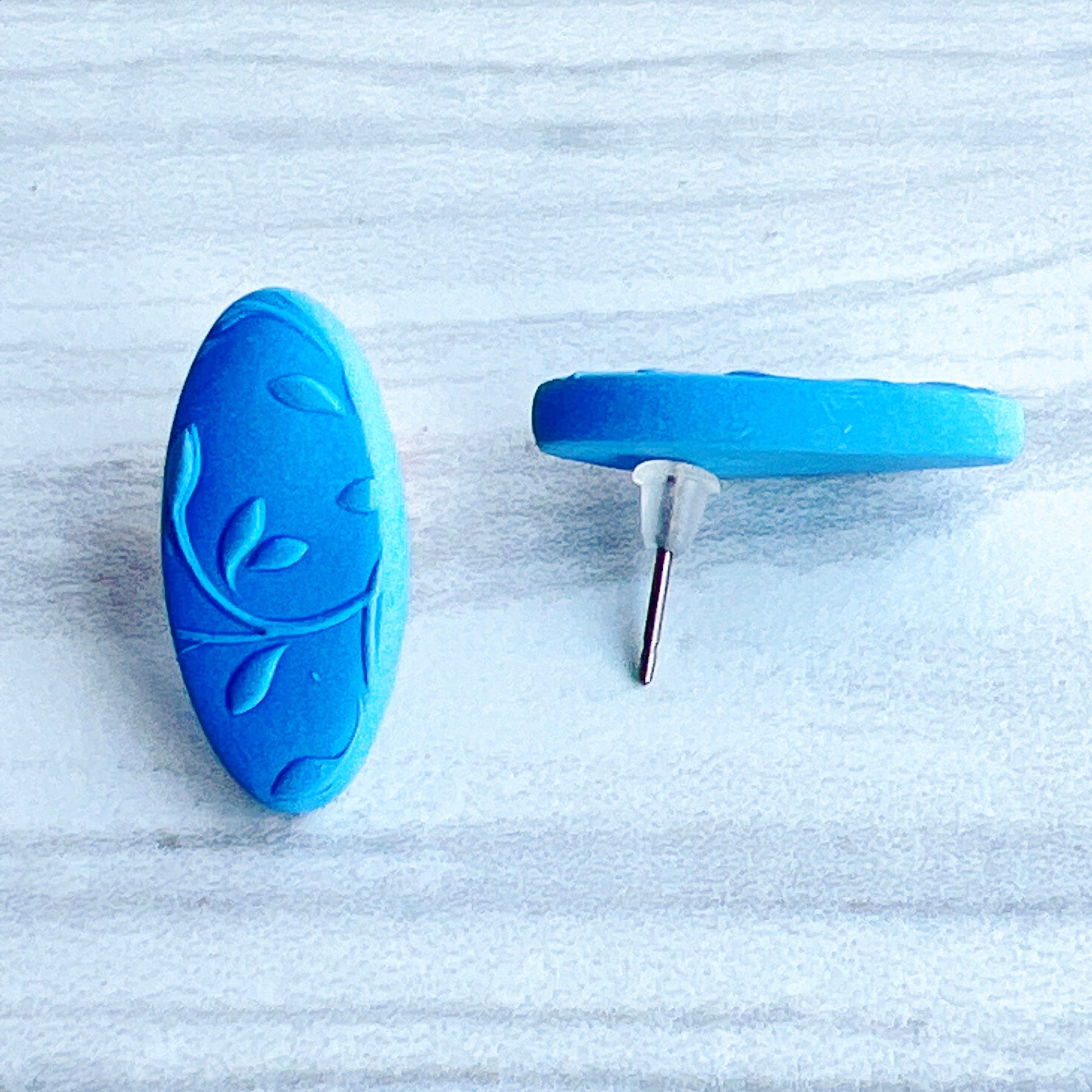Earrings Blue Oval Floral Embossed Stud Earrings