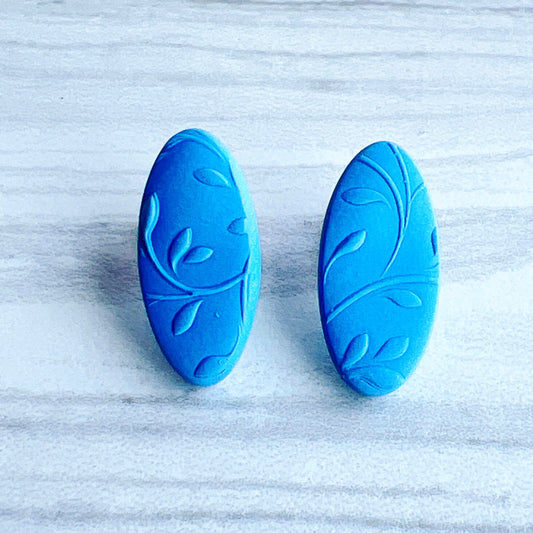 Earrings Blue Oval Floral Embossed Stud Earrings