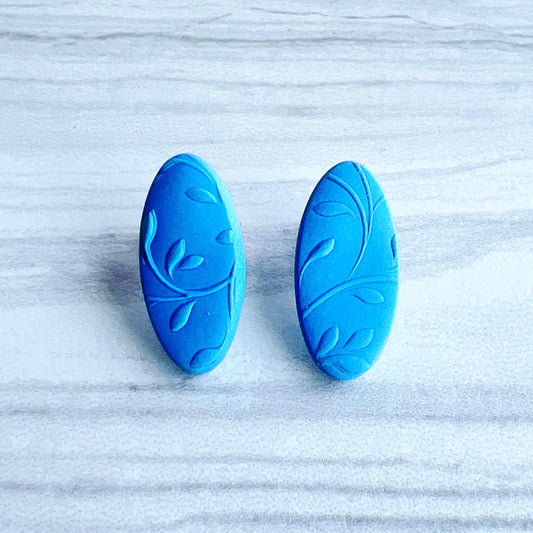 Earrings Blue Oval Floral Embossed Stud Earrings