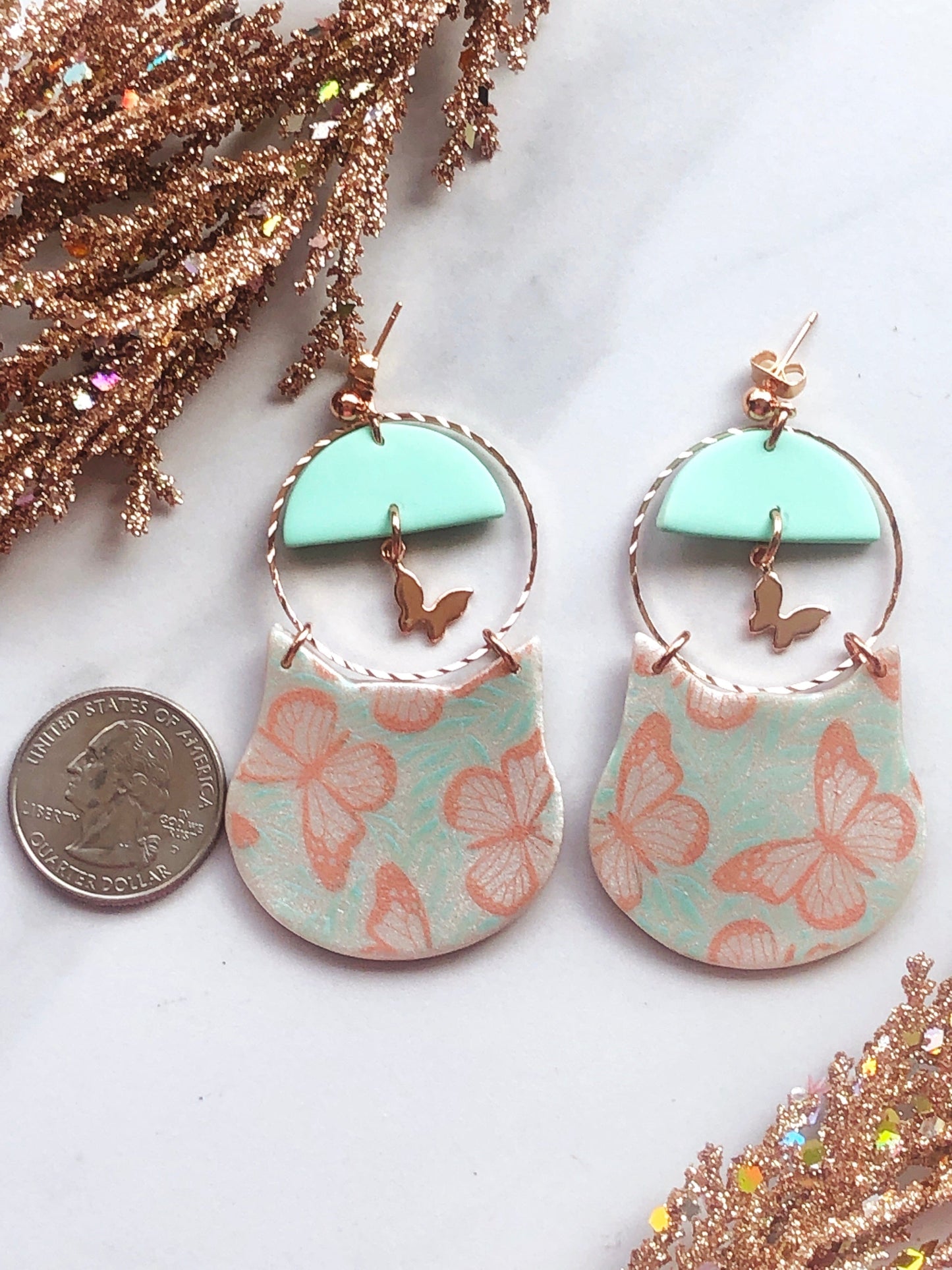 Earrings Cat Earrings with Half Circle, Hoop & Butterfly Charm