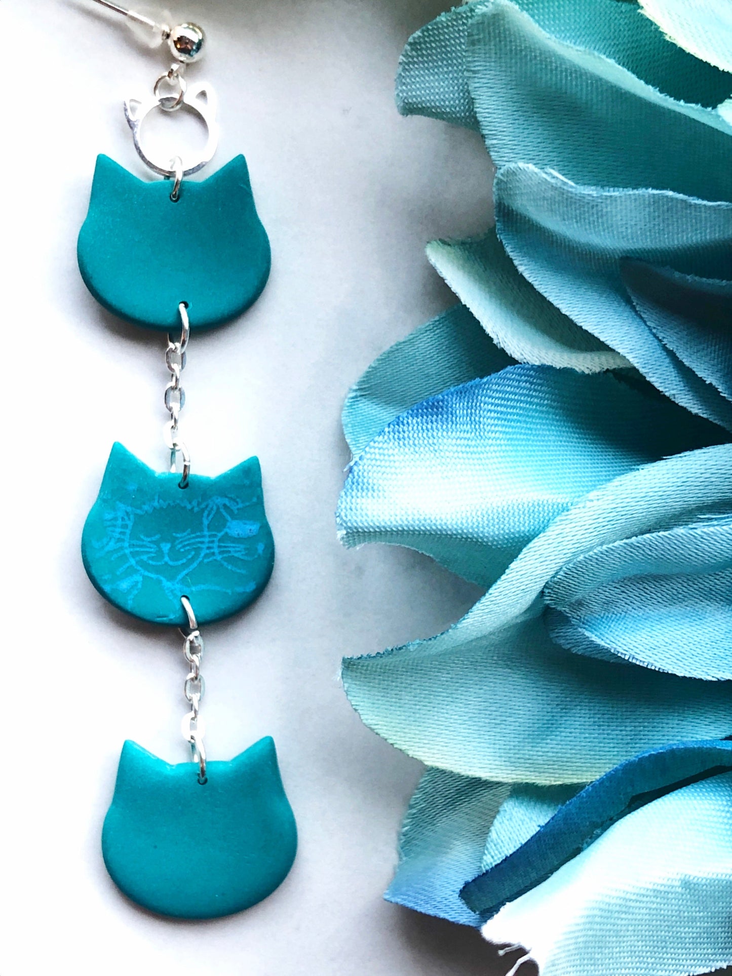 Earrings Emma - Cat Charm with 3-Tiered Clay Cat Head Dangles