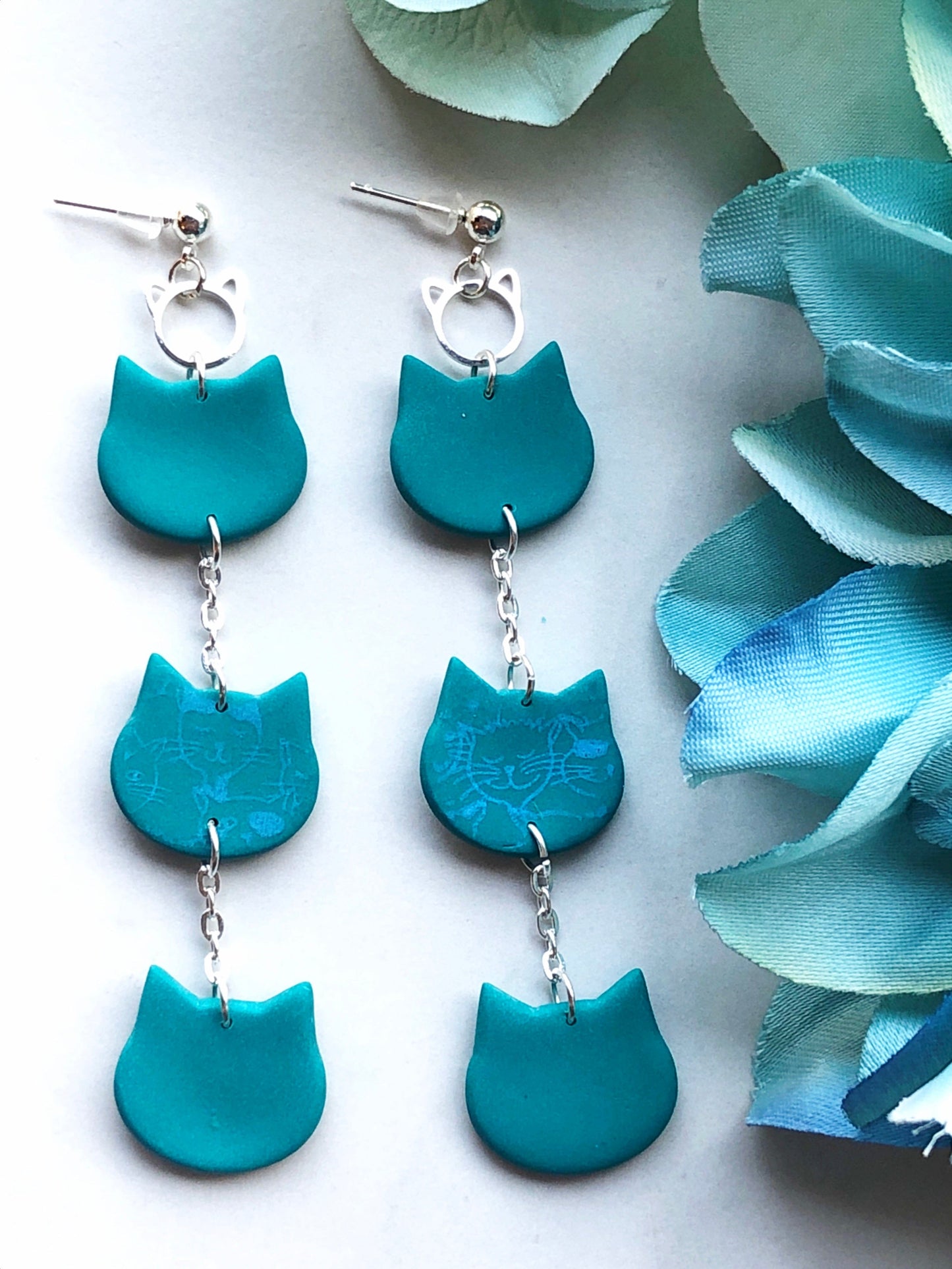 Earrings Emma - Cat Charm with 3-Tiered Clay Cat Head Dangles