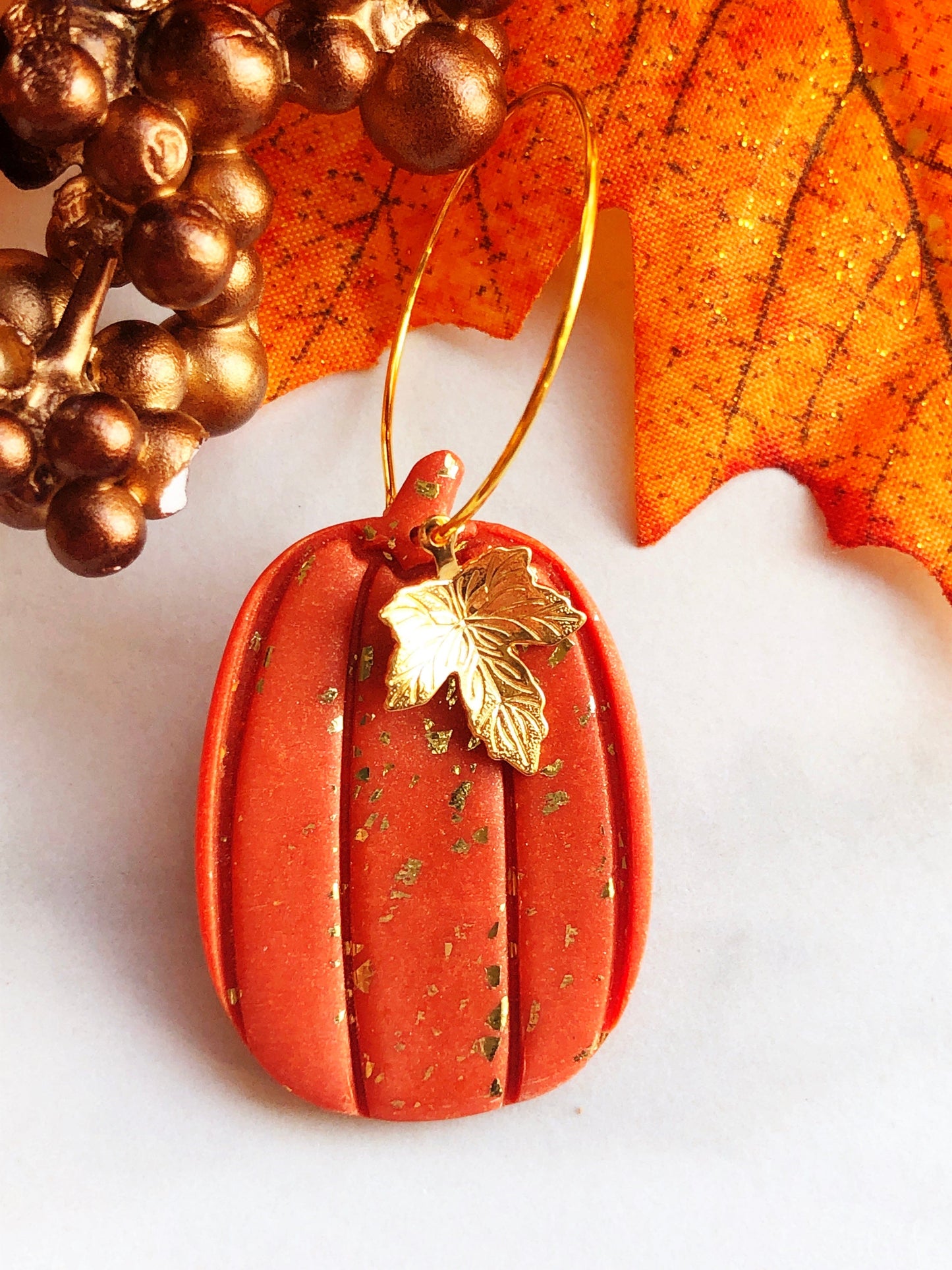 Earrings Hazan - Tall Orange Pumpkin with Gold Maple Leag Charm Hoop Earrings