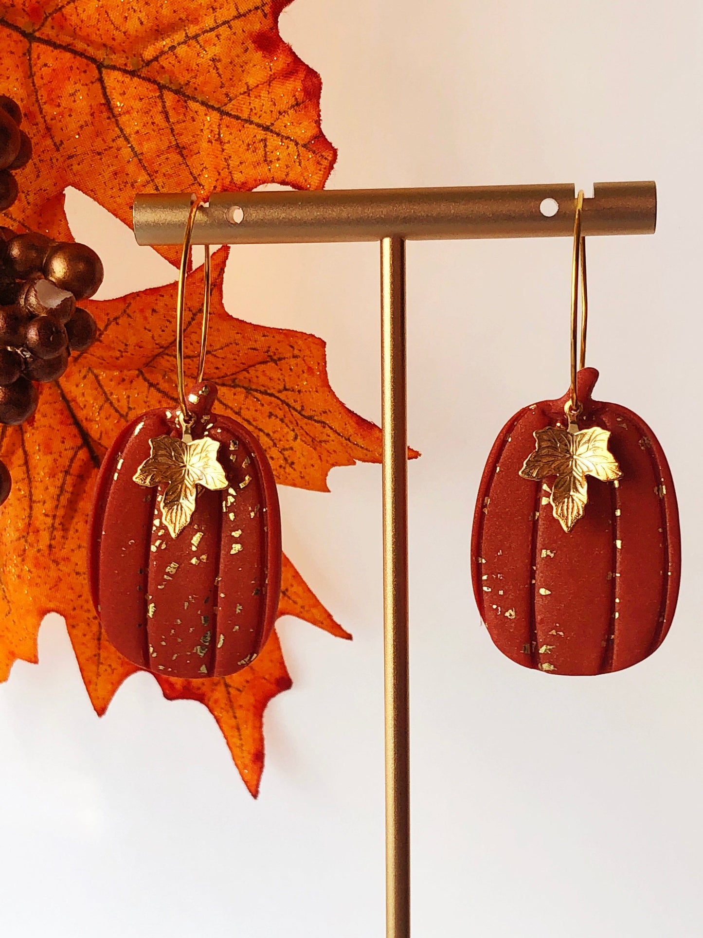 Earrings Hazan - Tall Orange Pumpkin with Gold Maple Leag Charm Hoop Earrings