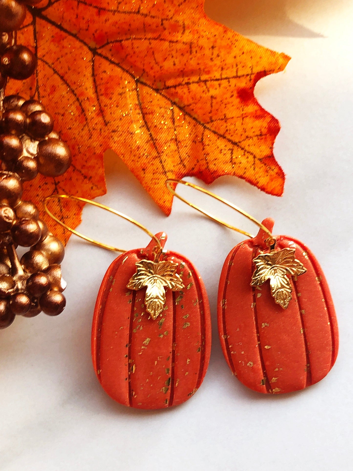 Earrings Hazan - Tall Orange Pumpkin with Gold Maple Leag Charm Hoop Earrings