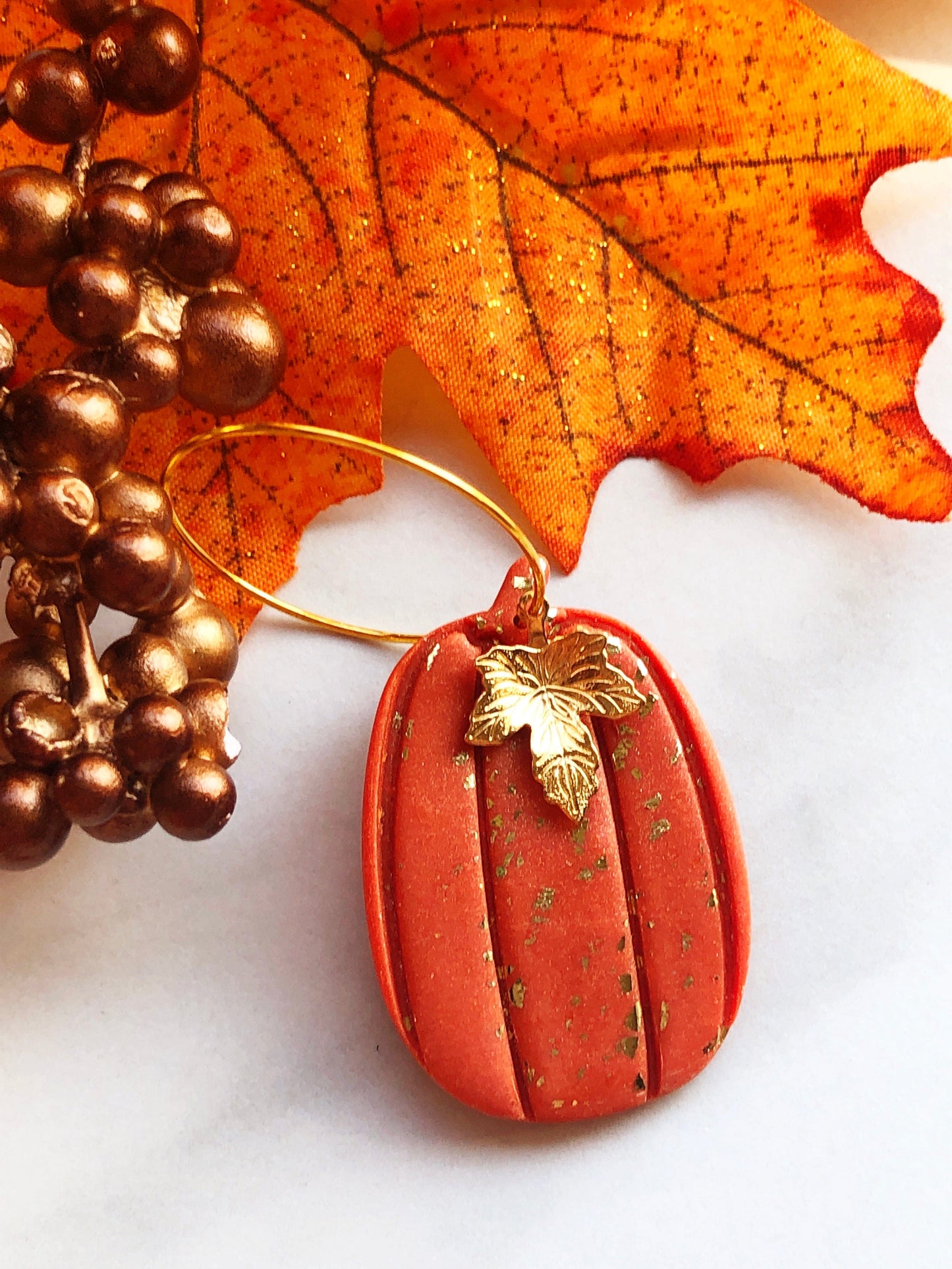 Earrings Hazan - Tall Orange Pumpkin with Gold Maple Leag Charm Hoop Earrings