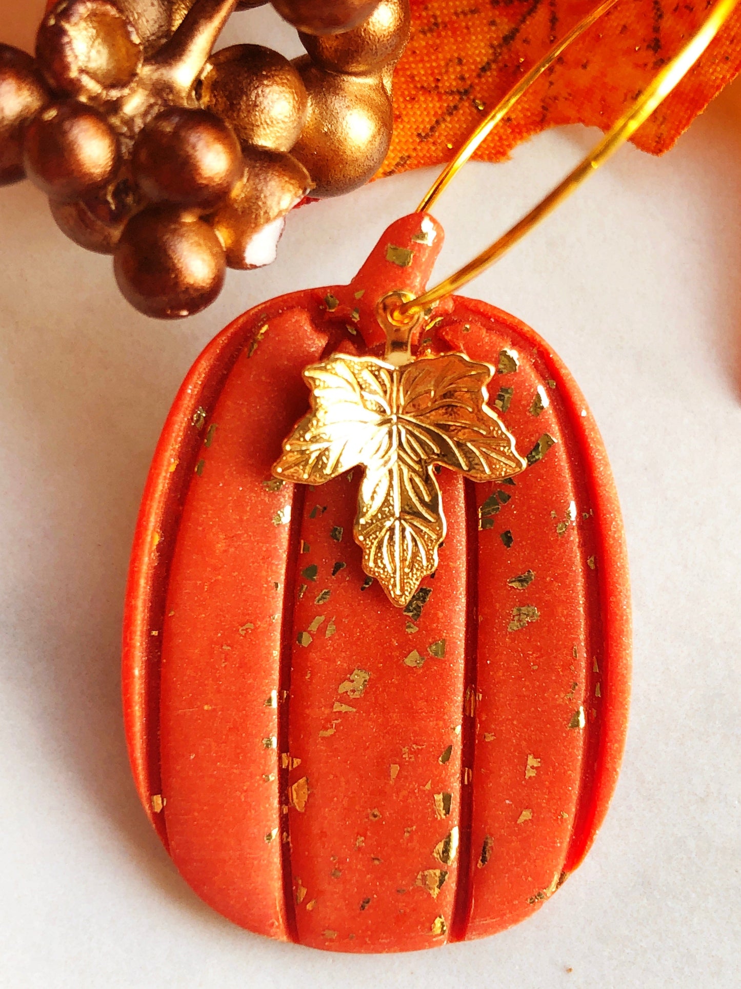 Earrings Hazan - Tall Orange Pumpkin with Gold Maple Leag Charm Hoop Earrings