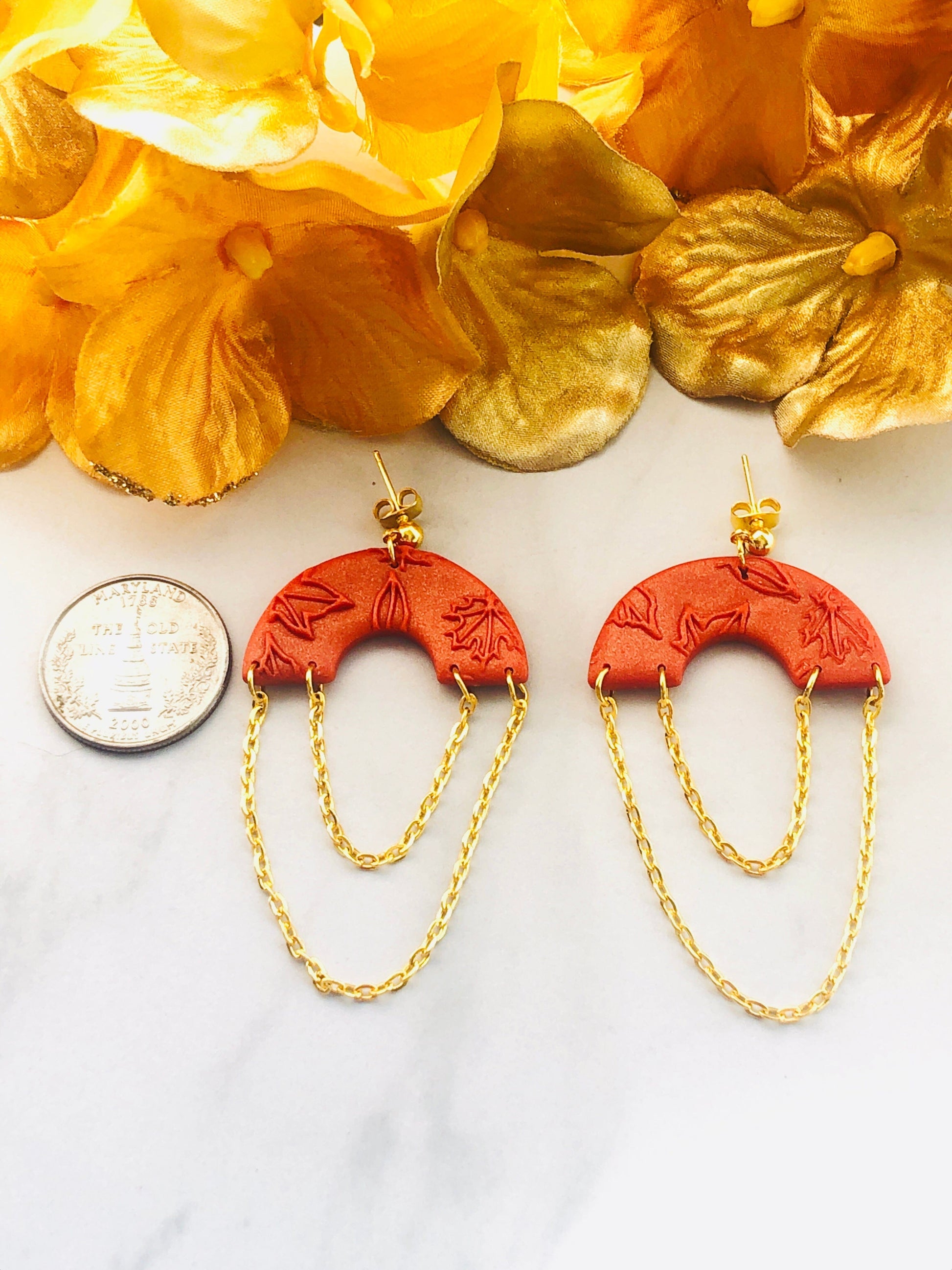 Earrings Maple - Orange Leaf Embossed Arch with Dangling Gold Chain