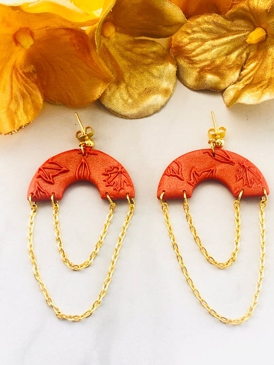 Earrings Maple - Orange Leaf Embossed Arch with Dangling Gold Chain