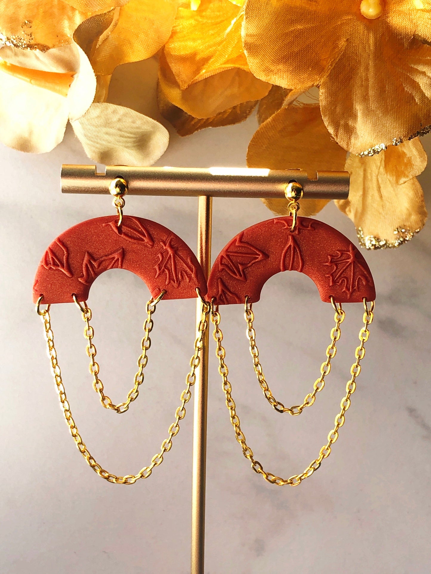 Earrings Maple - Orange Leaf Embossed Arch with Dangling Gold Chain