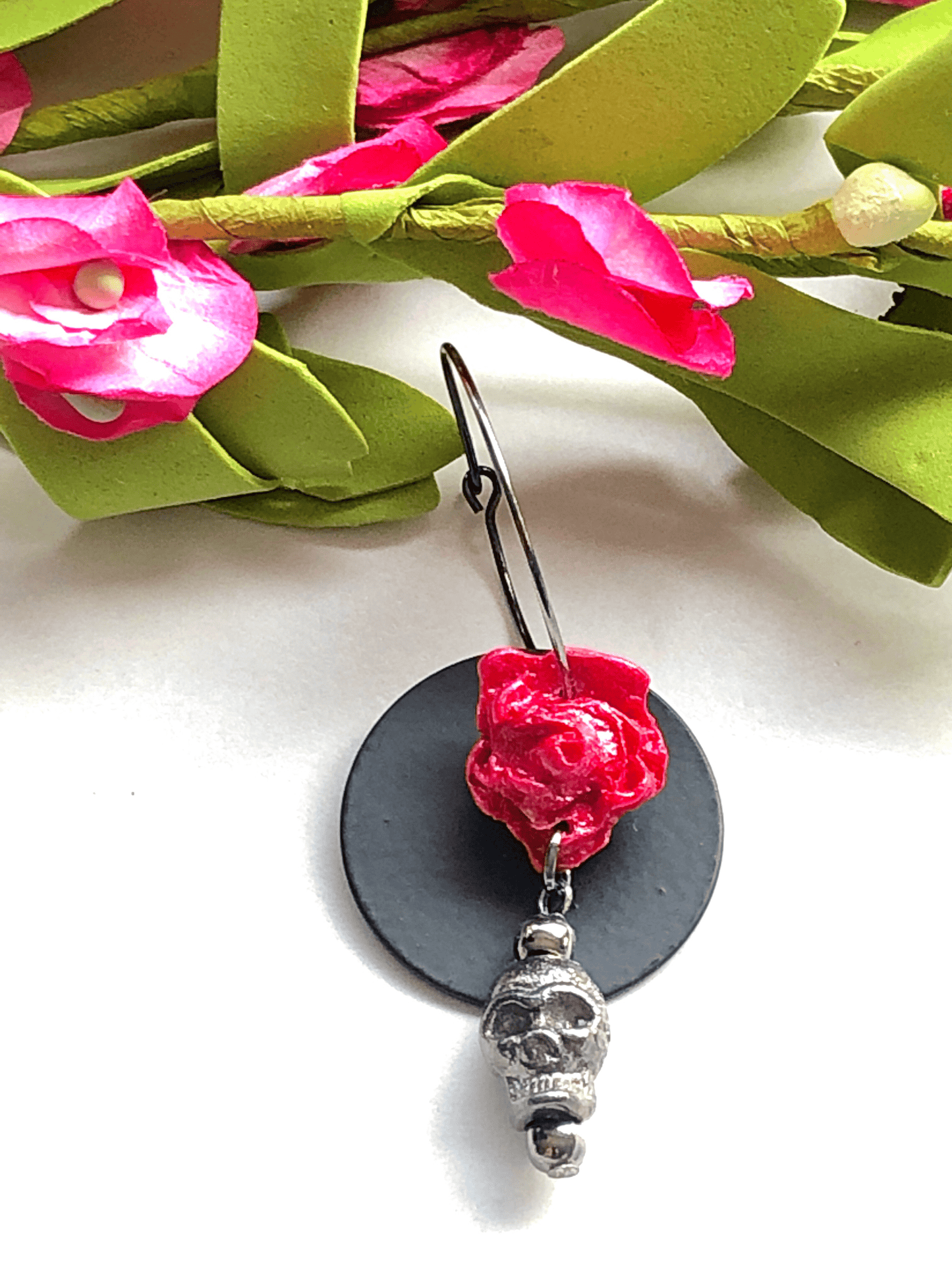 Earrings Nova - Hoops with Clay Roses, Brass Circles & Skull Charms
