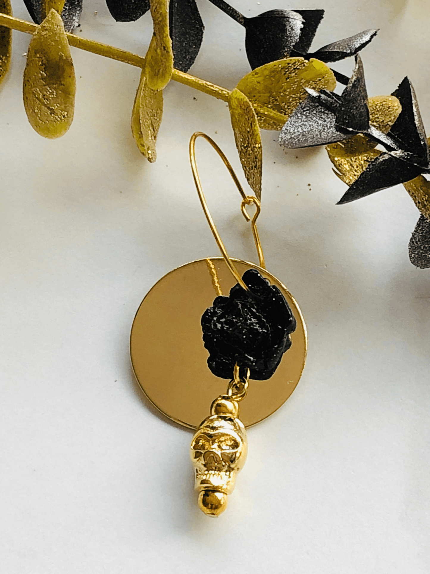 Earrings Nova - Hoops with Clay Roses, Brass Circles & Skull Charms