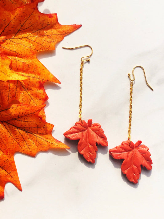 Earring Rhea - Orange Maple Leaf Earrings on Gold Chain