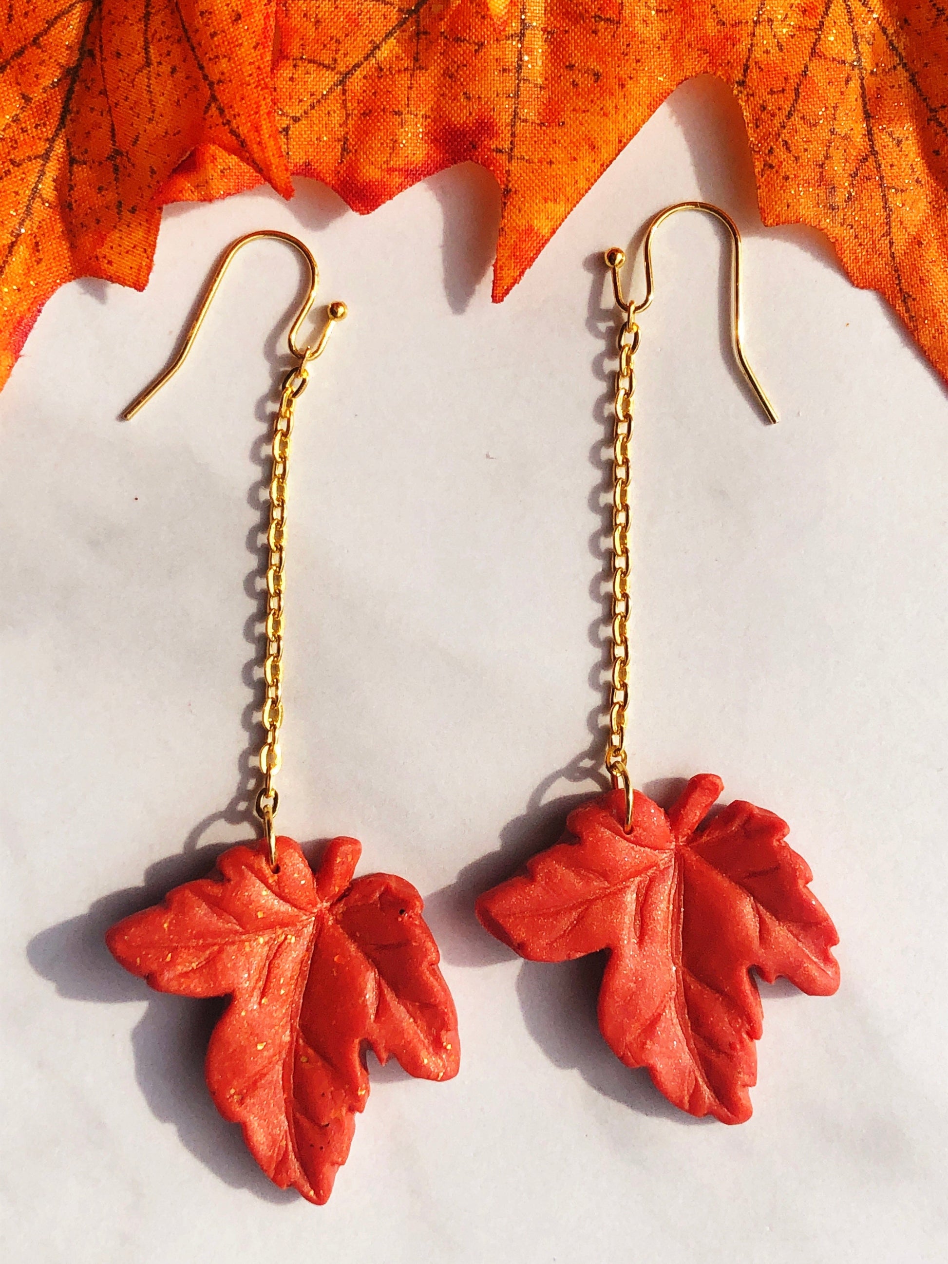 Earring Rhea - Orange Maple Leaf Earrings on Gold Chain