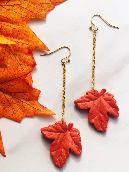 Earring Rhea - Orange Maple Leaf Earrings on Gold Chain