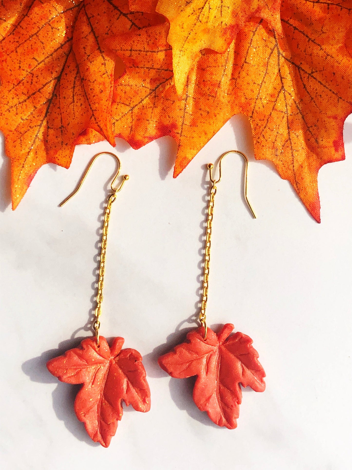Earring Rhea - Orange Maple Leaf Earrings on Gold Chain