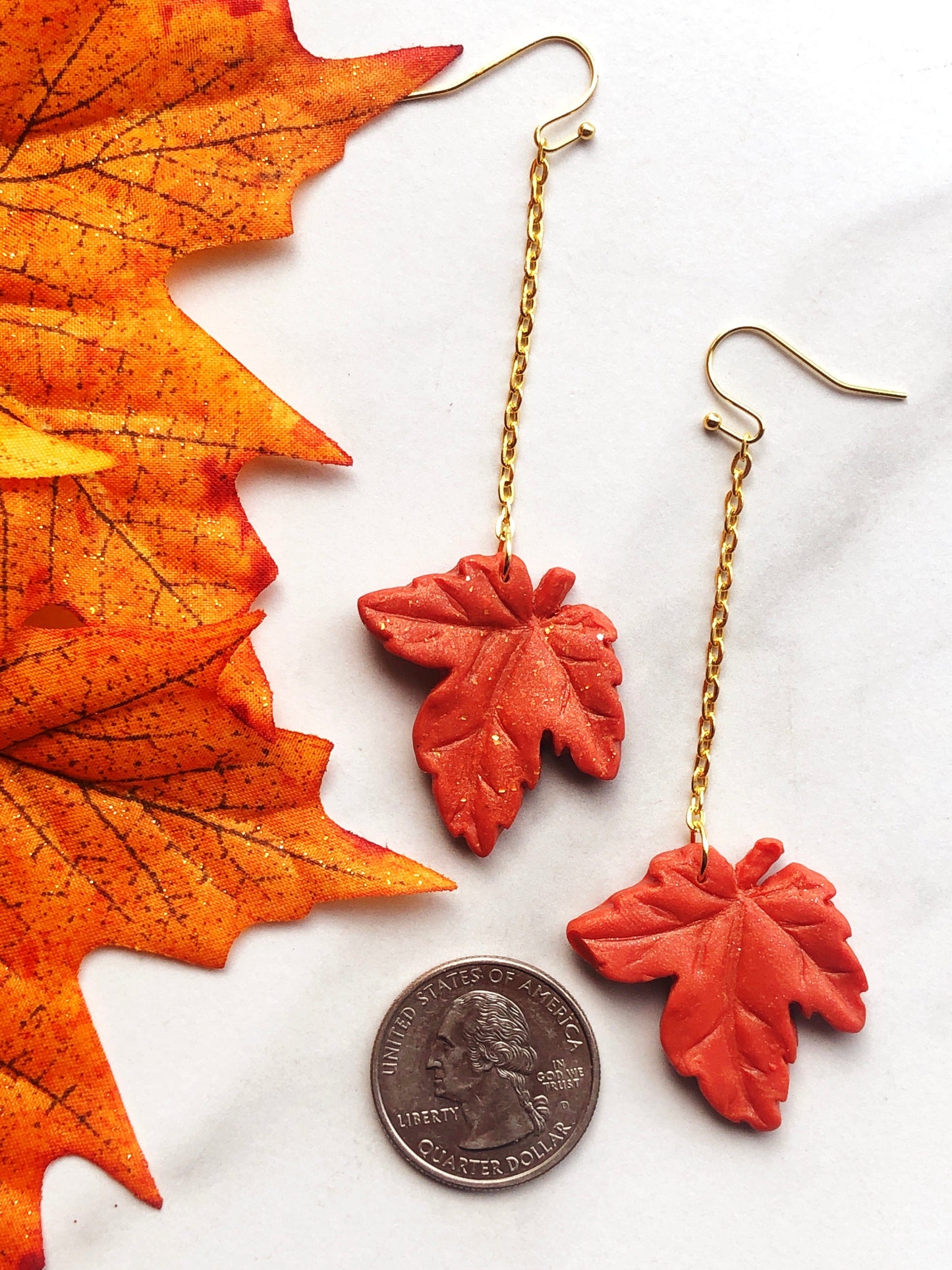 Earring Rhea - Orange Maple Leaf Earrings on Gold Chain