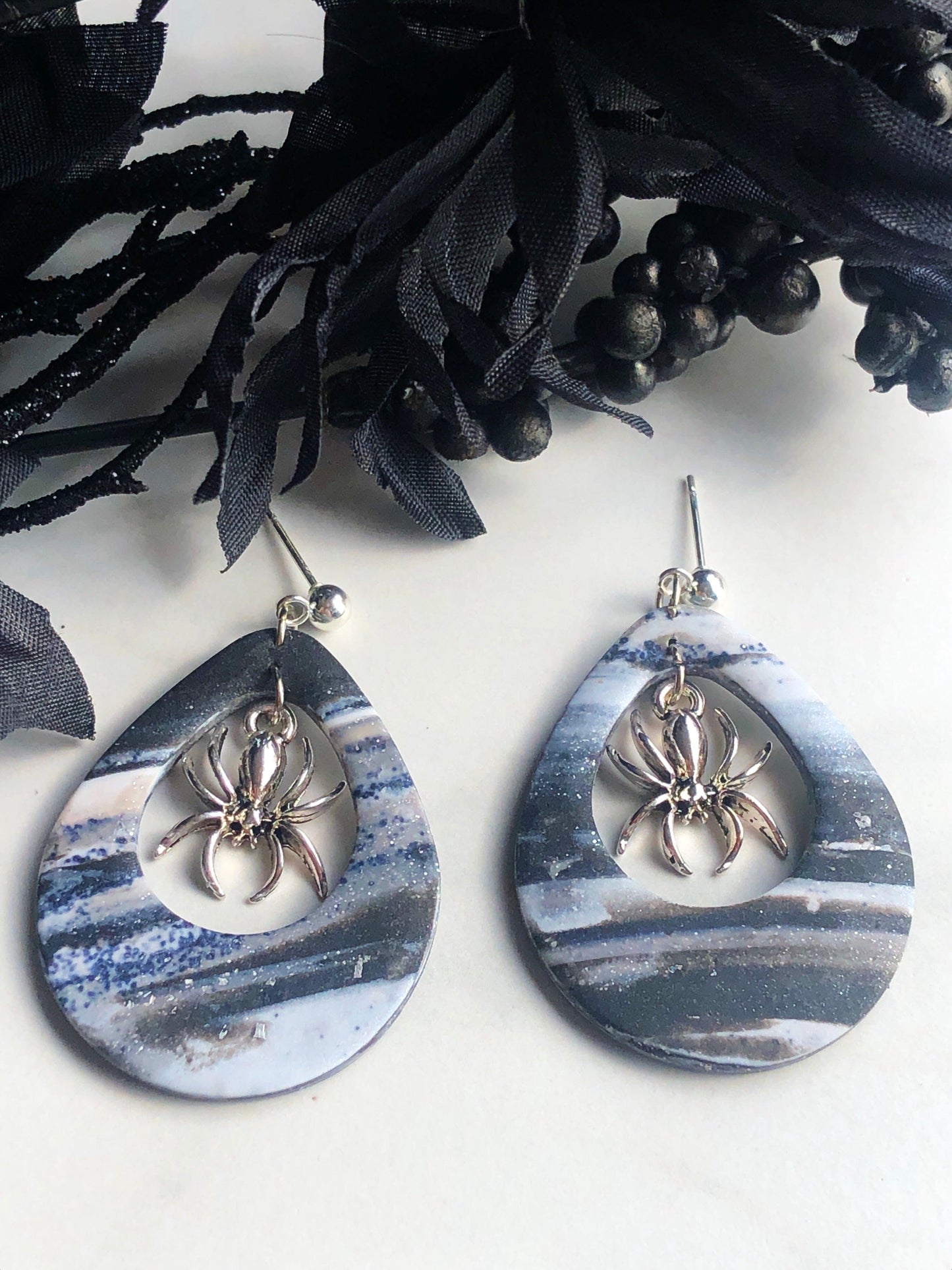Earrings Arana Marbled Silver Polymer Clay Earrings and Silver Spider Charm