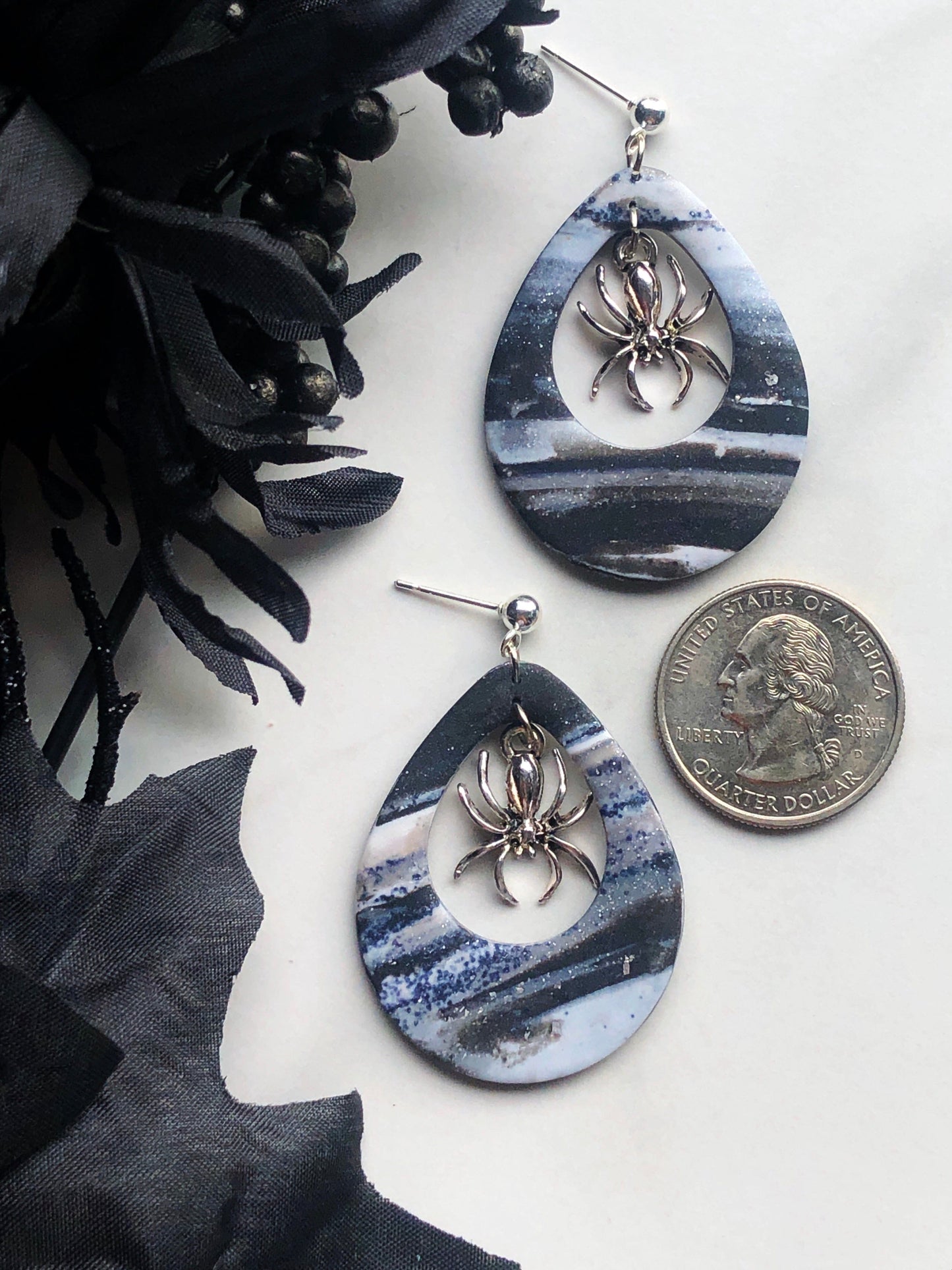 Earrings Arana Marbled Silver Polymer Clay Earrings and Silver Spider Charm