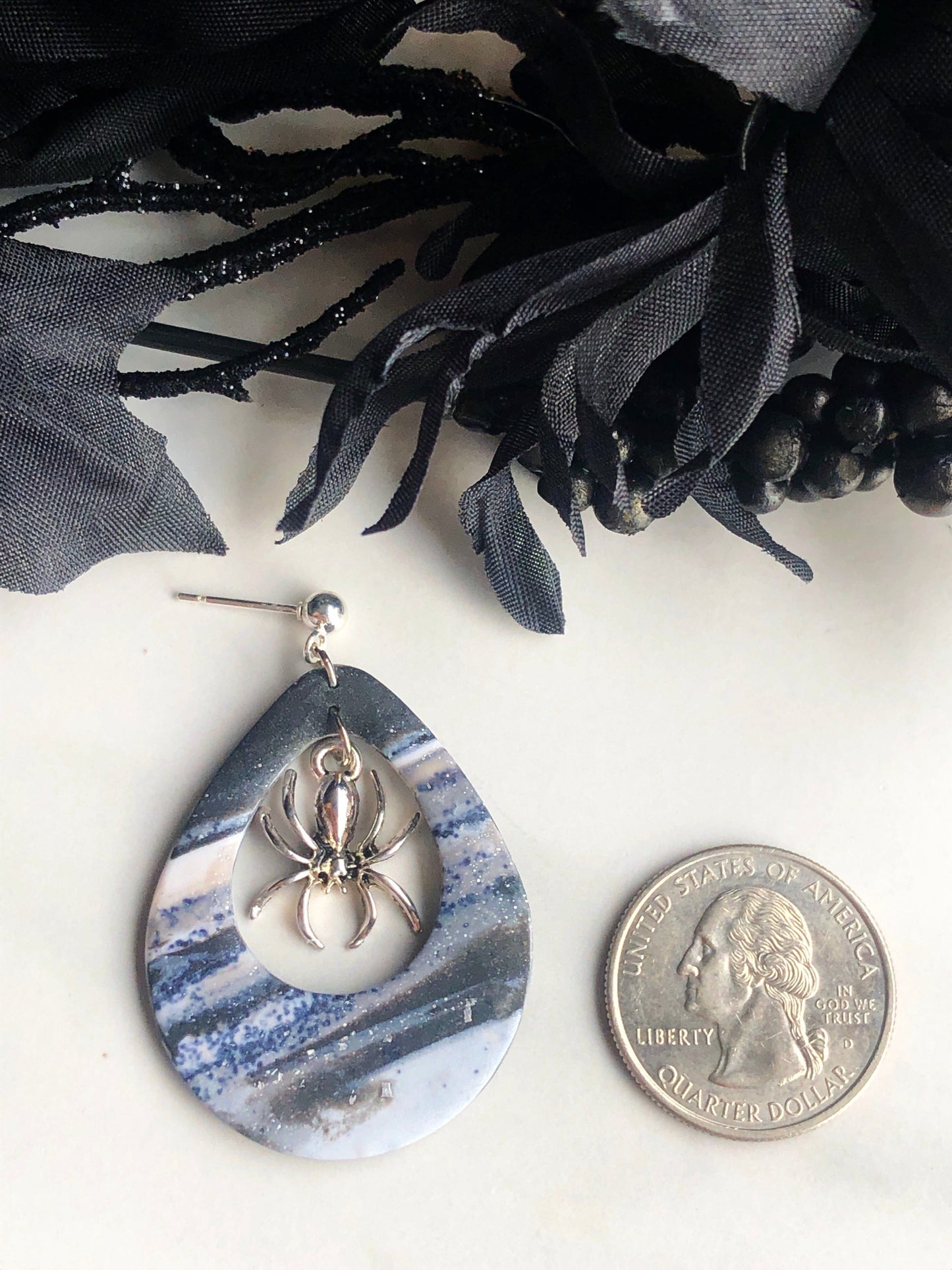 Earrings Arana Marbled Silver Polymer Clay Earrings and Silver Spider Charm