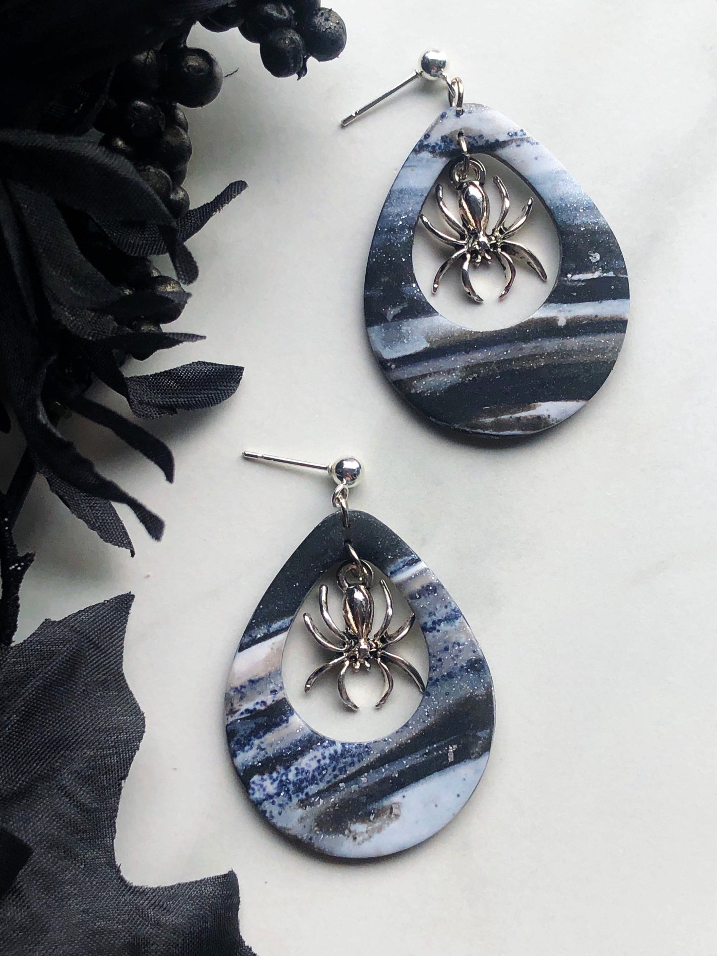 Earrings Arana Marbled Silver Polymer Clay Earrings and Silver Spider Charm