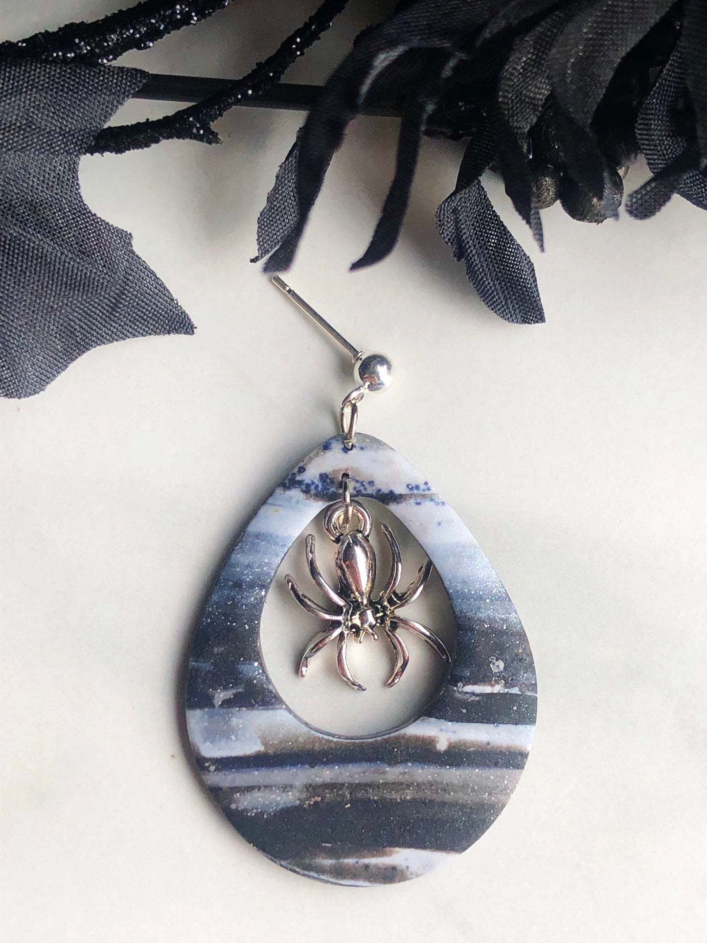 Earrings Arana Marbled Silver Polymer Clay Earrings and Silver Spider Charm