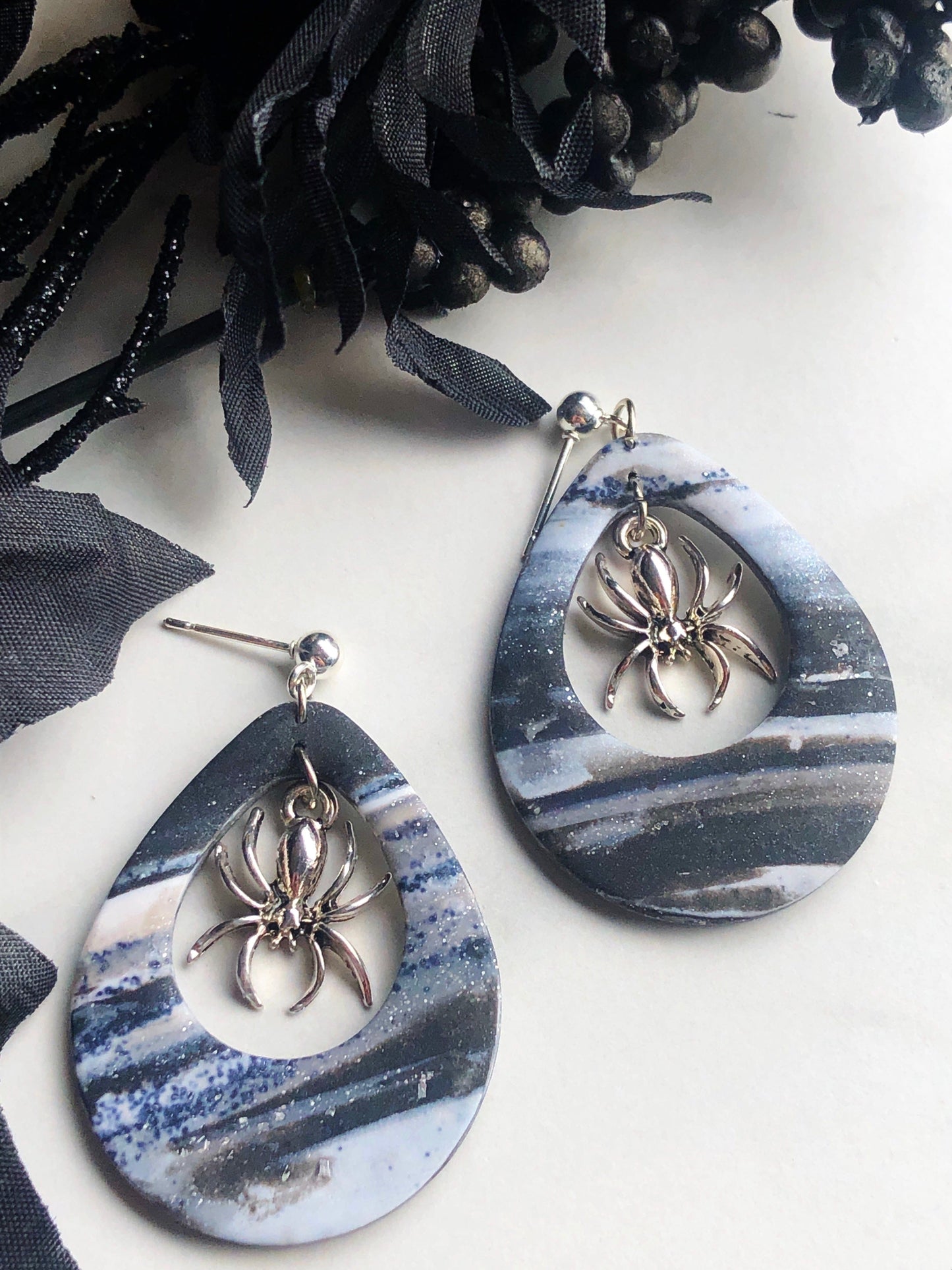 Earrings Arana Marbled Silver Polymer Clay Earrings and Silver Spider Charm