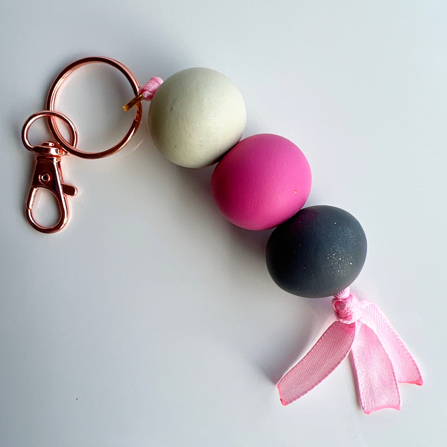 Keychains Cream - Pink - Grey Beaded Clay Keychain with Ribbon, Lobster Claw, Swivel Hook