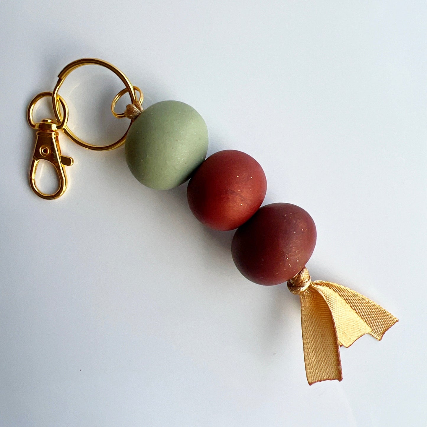 Keychains Pale Green - Brown - Dark Brown Beaded Clay Keychain with Ribbon, Lobster Claw, Swivel Hook