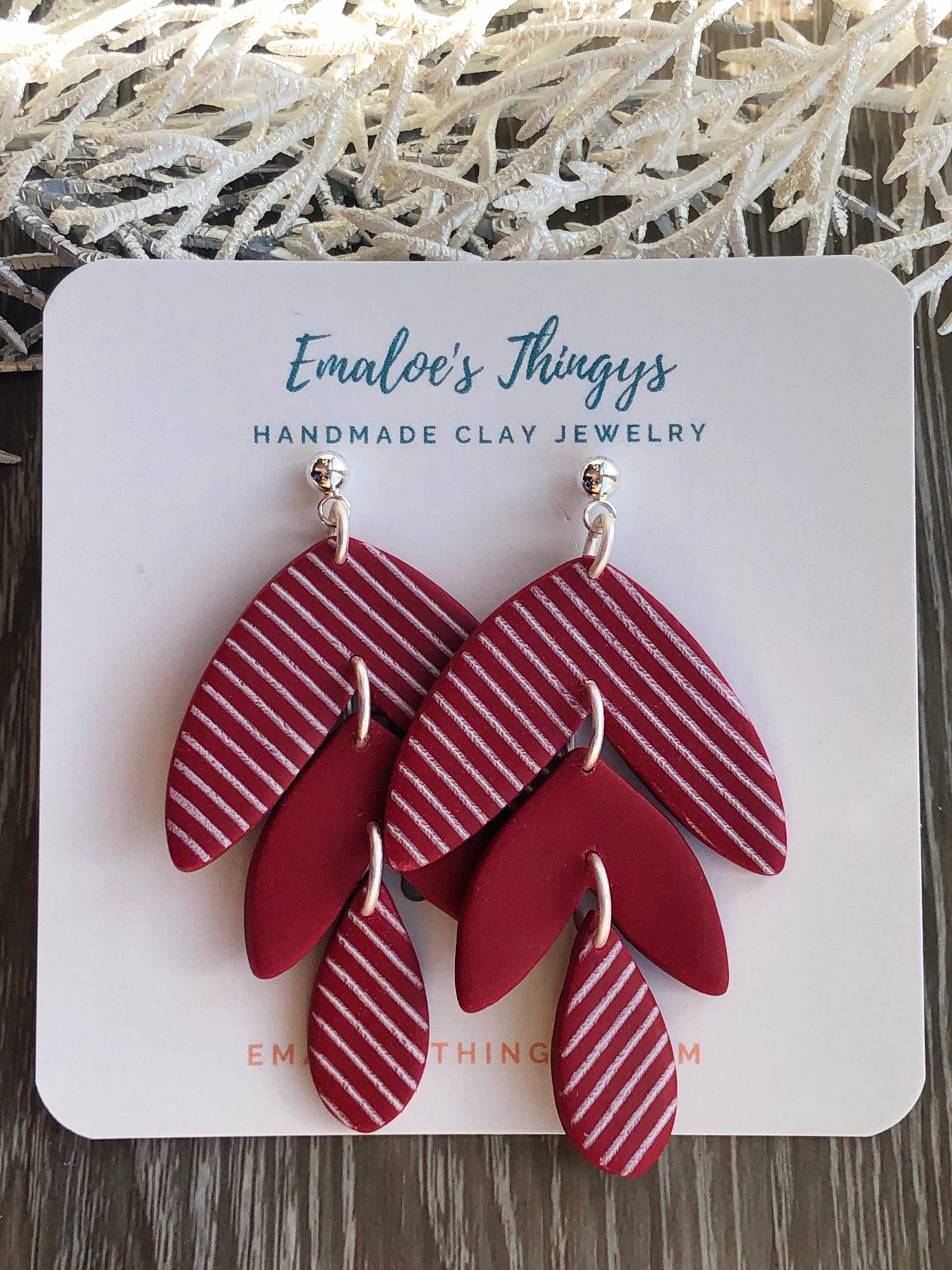 Earrings Candi - Red/White Striped Leaf Shapes & Drop Earrings