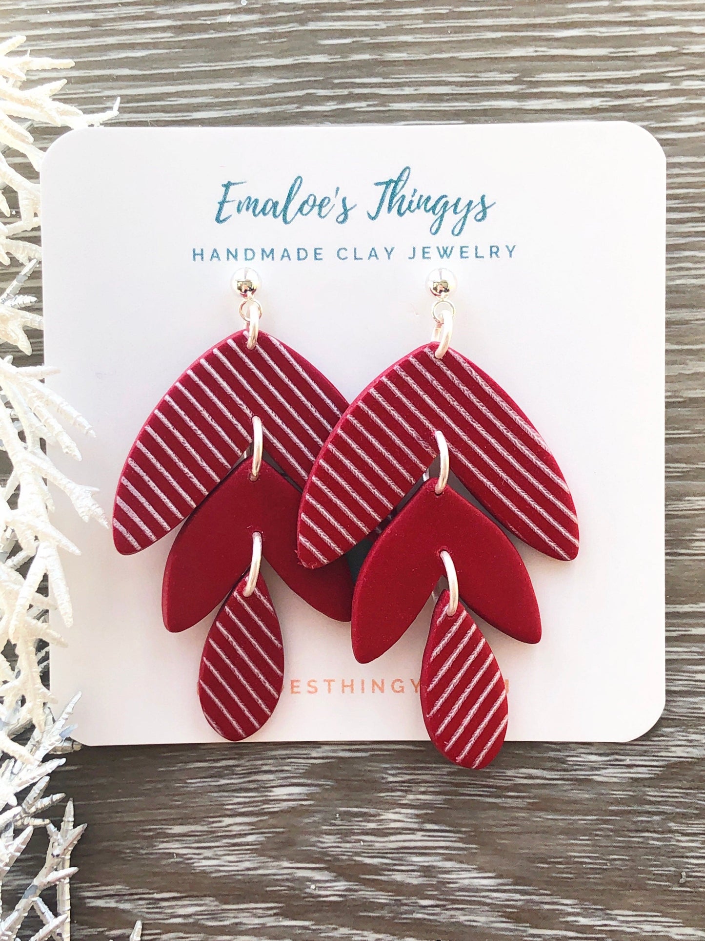 Earrings Candi - Red/White Striped Leaf Shapes & Drop Earrings