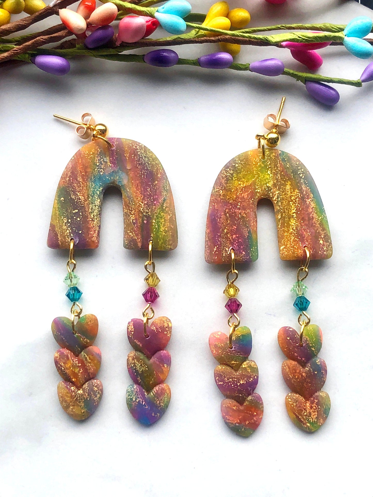 Earrings Esme - Rainbow Arch & Heart Earrings Esme Rainbow Arch Heart Earrings, Polymer Clay Earrings, Clay Earrings