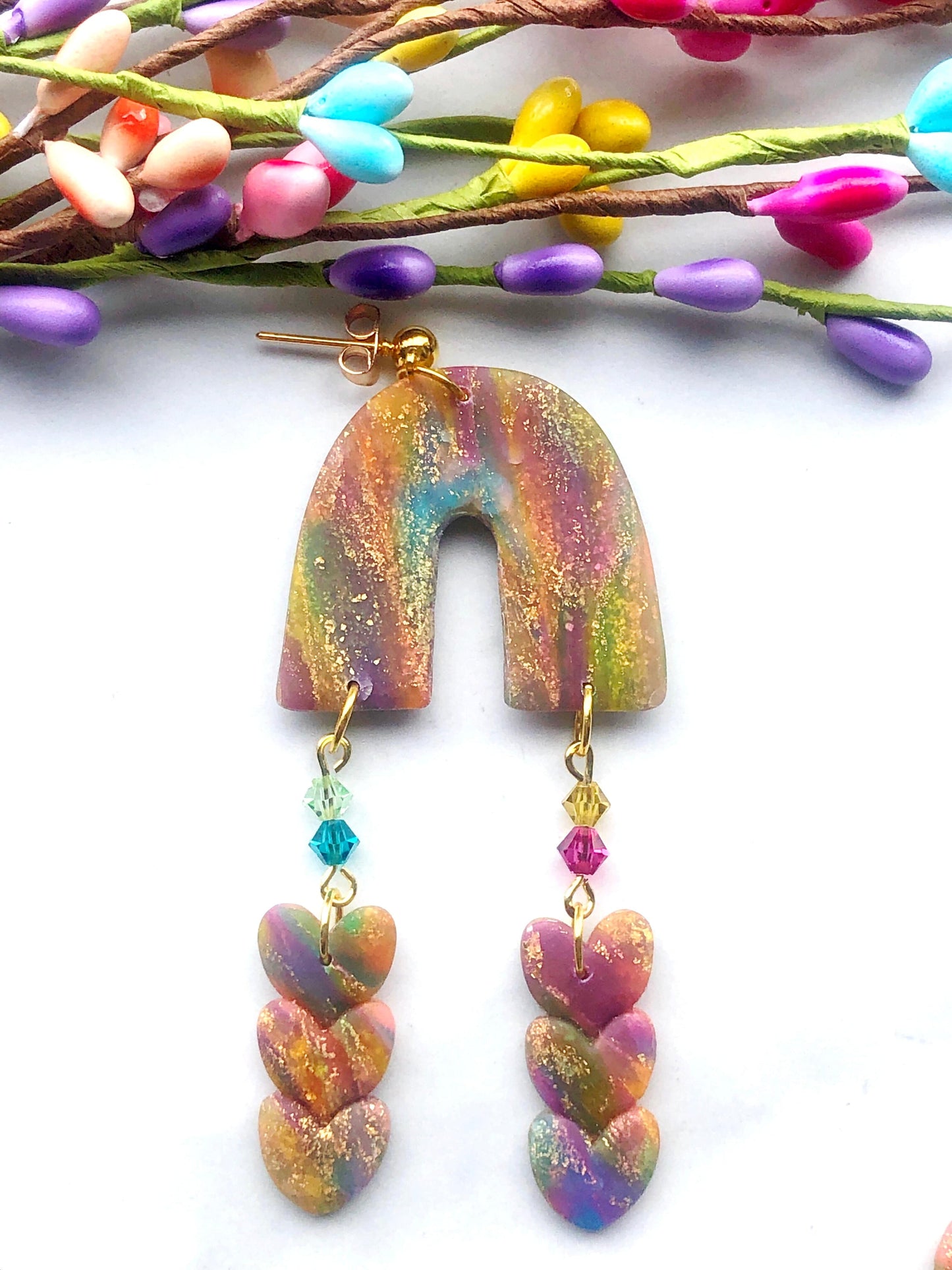 Earrings Esme - Rainbow Arch & Heart Earrings Esme Rainbow Arch Heart Earrings, Polymer Clay Earrings, Clay Earrings