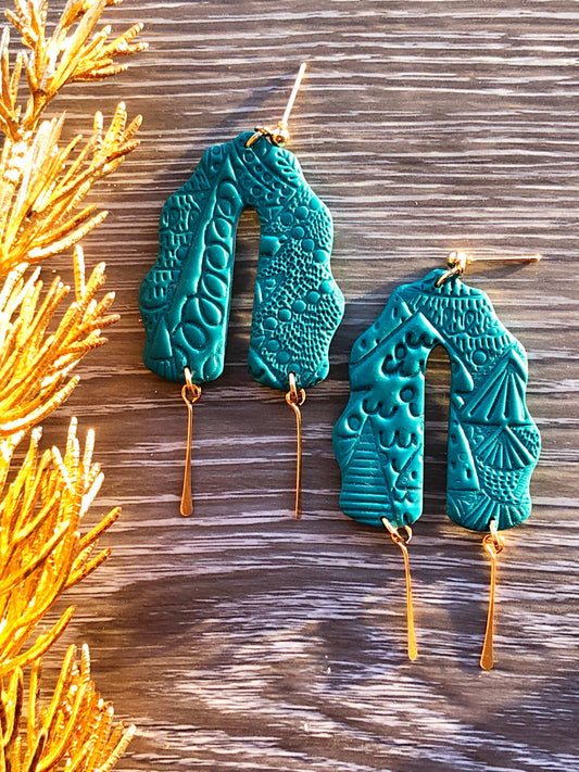 Earrings Evie - Pine Scalloped Arches with Gold Paddle Pin Dangles