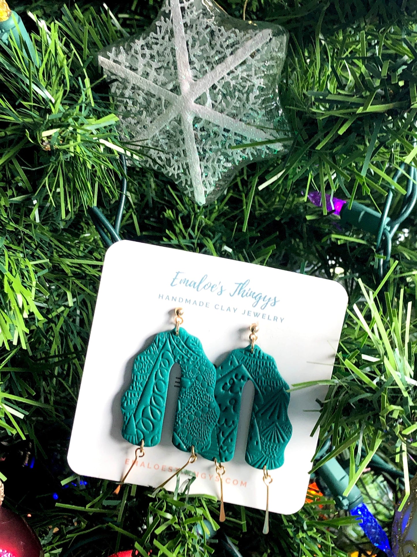 Earrings Evie - Pine Scalloped Arches with Gold Paddle Pin Dangles