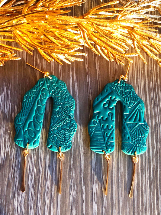 Earrings Evie - Pine Scalloped Arches with Gold Paddle Pin Dangles